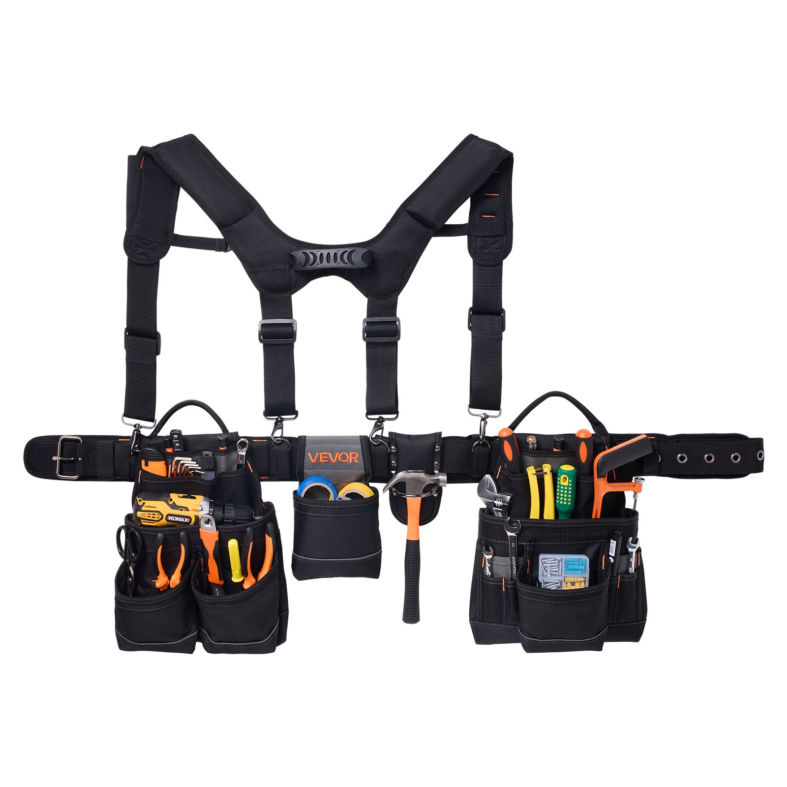 Cinturón de herramientas VEVOR, 19 bolsillos, bolsa de herramientas con tirantes para hombre, resistente, ajustable, bolsa de trabajo, con suspensión desmontable para electricistas, carpinteros y construcción, cintura ajustable de 31 a 51 pulgadas
