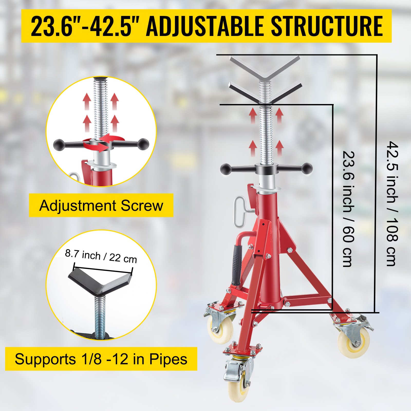 VEVOR Soporte para tubería, soporte para gato para tubería, soporte para tubería con cabeza en V, altura ajustable de 23,6 a 42,5 pulgadas, soporte para gato con ruedas de 882 libras, soporte para tubería portátil plegable de 1/8 a 12 pulgadas, soporte para gato de acero
