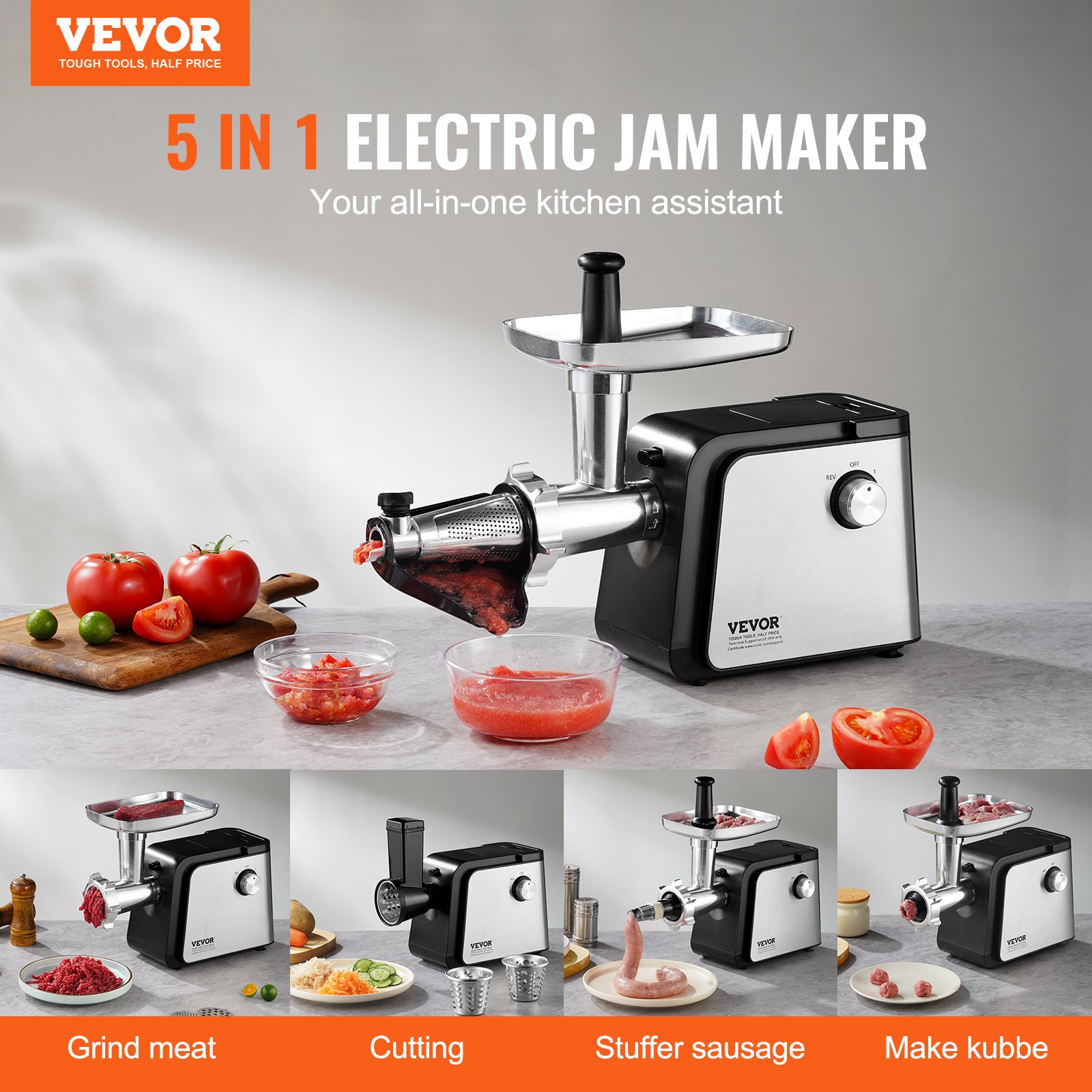 Colador eléctrico de tomate VEVOR, máquina para hacer salsa de tomate de 500 W, colador de alimentos y máquina para hacer salsa de 2,2 kg/minuto, molinillo de alimentos con motor de cobre puro y función de reversa para salsa de tomate, fresa y arándano.