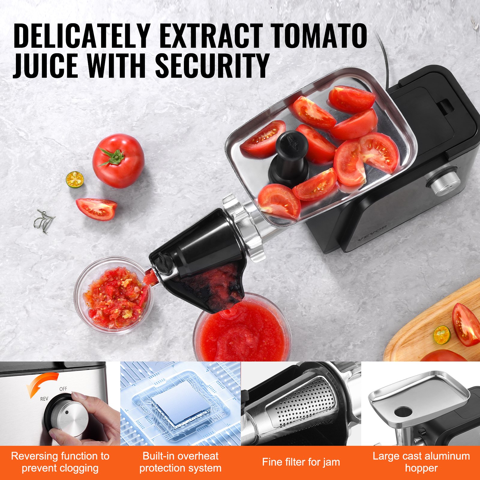 Colador eléctrico de tomate VEVOR, máquina para hacer salsa de tomate de 500 W, colador de alimentos y máquina para hacer salsa de 2,2 kg/minuto, molinillo de alimentos con motor de cobre puro y función de reversa para salsa de tomate, fresa y arándano.