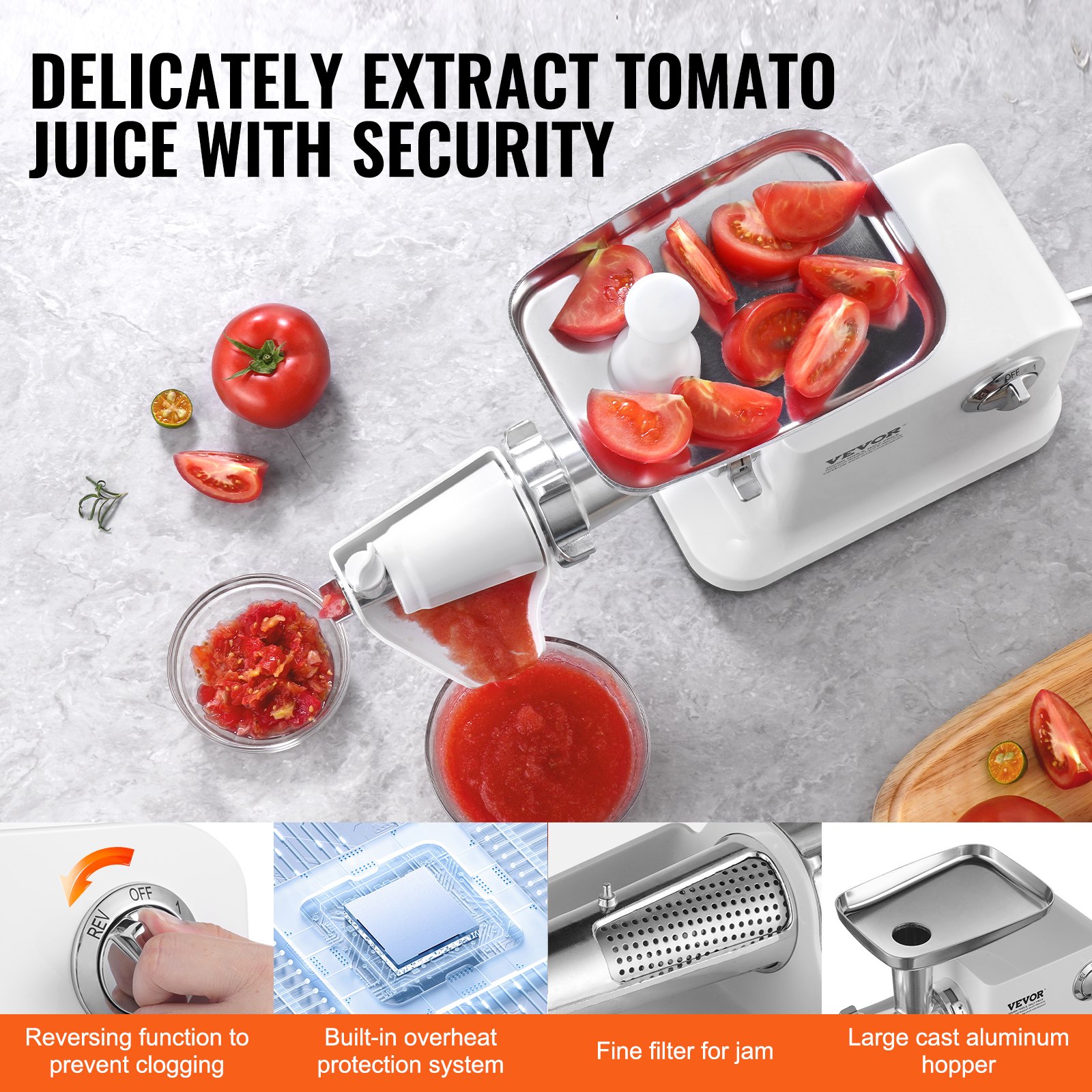 Colador de tomates eléctrico VEVOR, máquina para hacer salsa de tomate de 700 W, colador de alimentos y máquina para hacer salsas de 5,5 LBS/min, molinillo de alimentos con motor de cobre puro con función inversa para salsa de tomate, fresa y arándanos