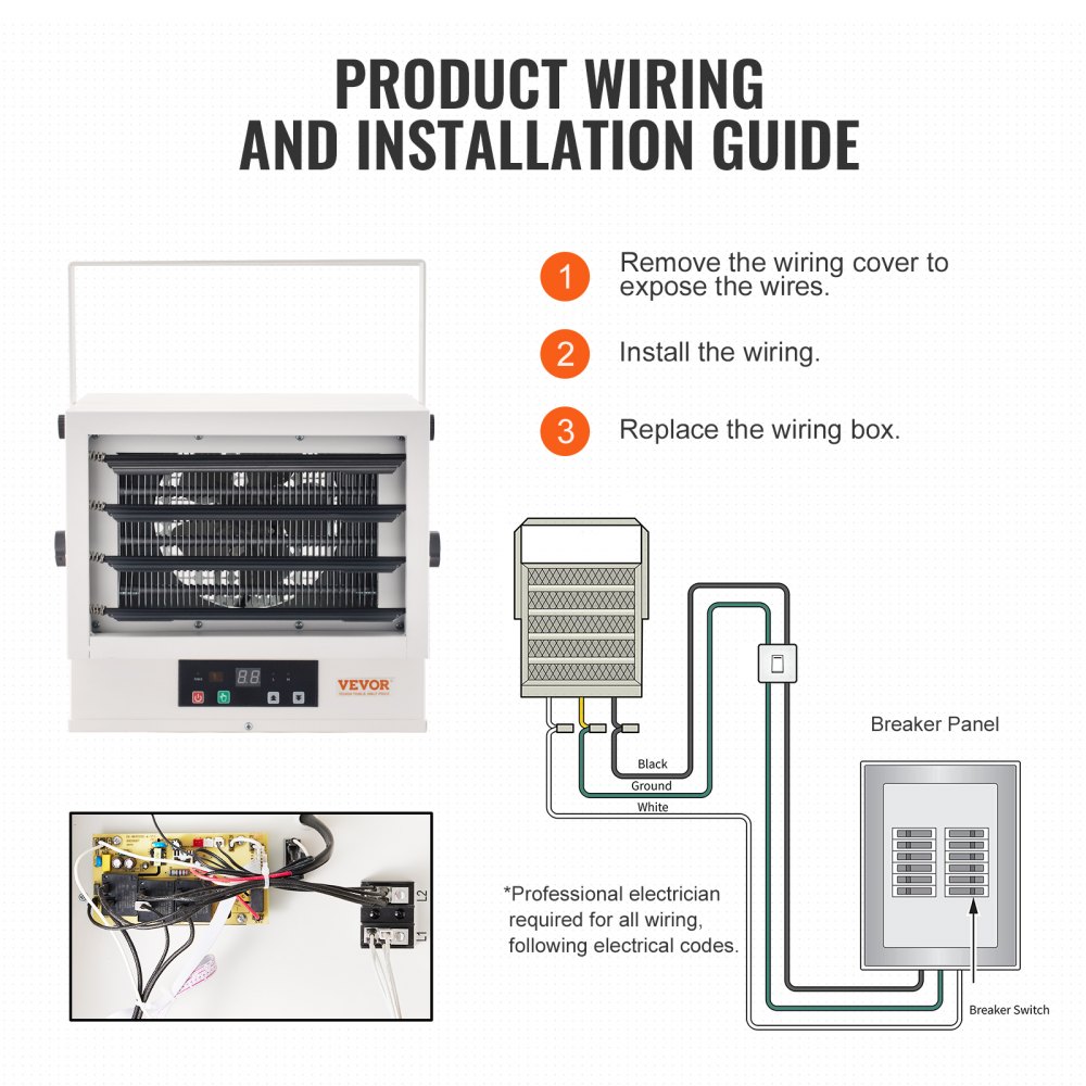 Calefactor eléctrico de garaje VEVOR, calefactor digital de 5000 vatios con ventilador para montaje en pared o techo, con control remoto y protección contra sobrecalentamiento, cableado con temporizador de 9 horas, ideal para talleres, homologado por ETL.