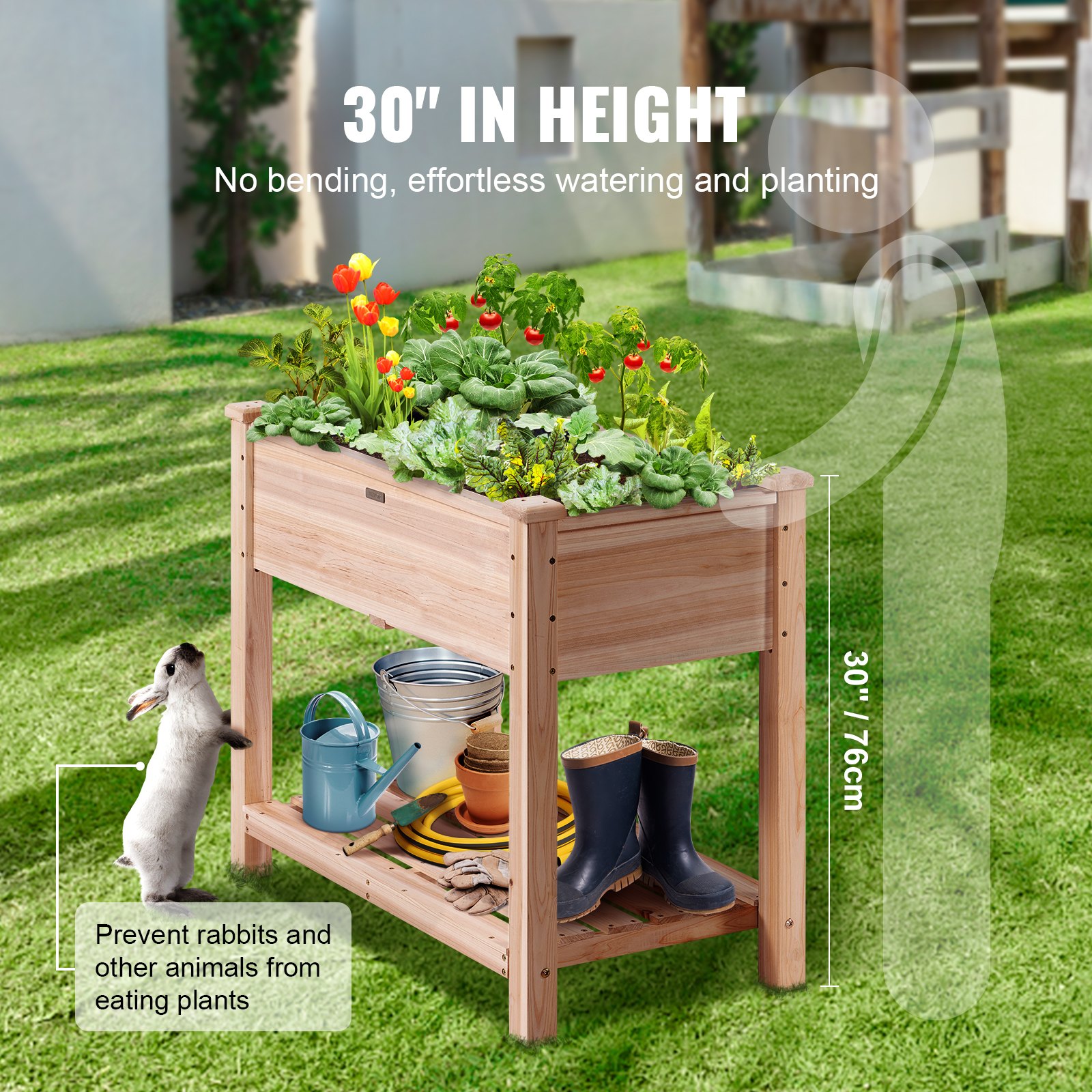 Cama de jardín VEVOR: cama elevada de 30&quot; de altura con flores, herramientas y botas, que evita que los animales se coman las plantas.