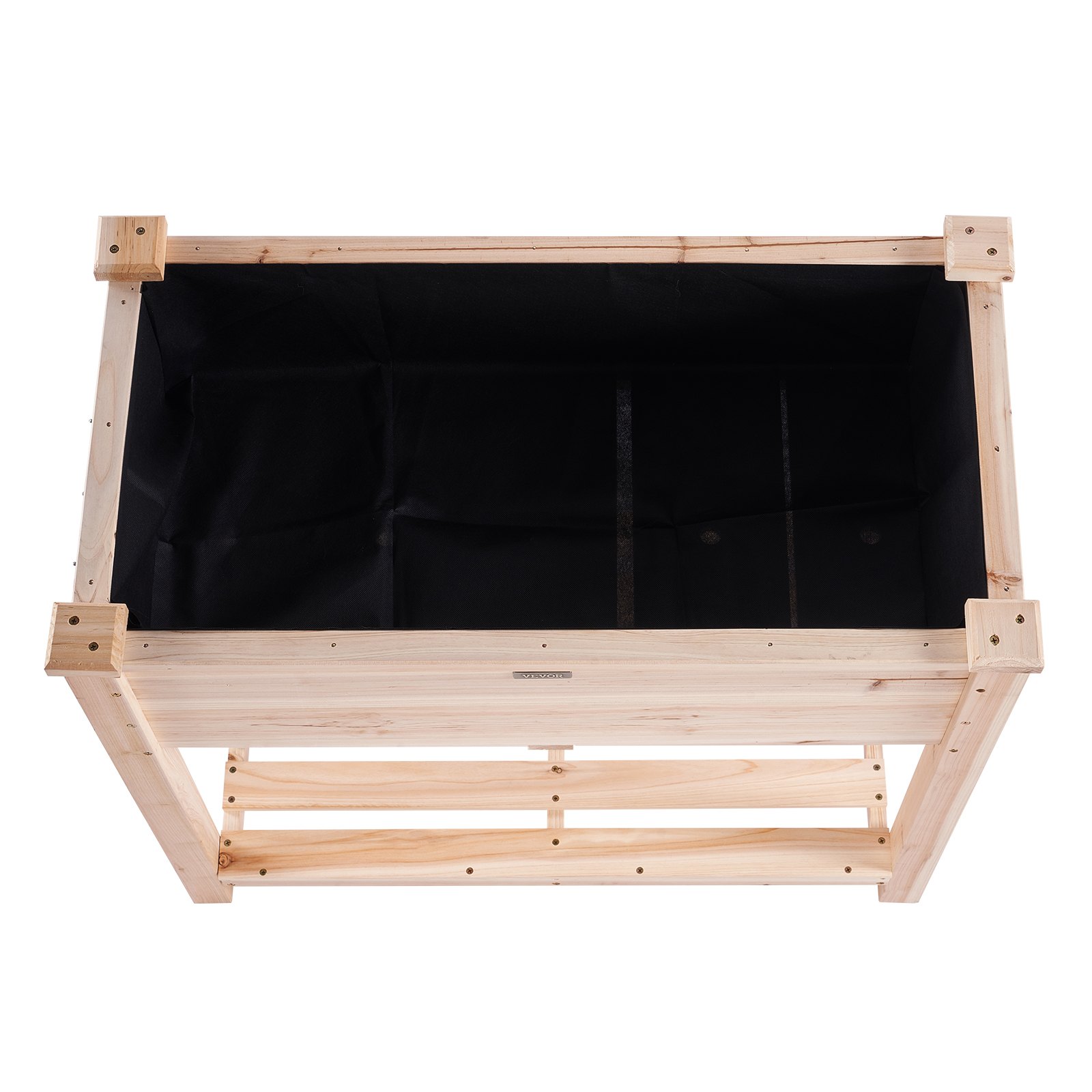 Cama de jardín de madera VEVOR con estante incorporado, forro negro y esquinas reforzadas, vista superior.