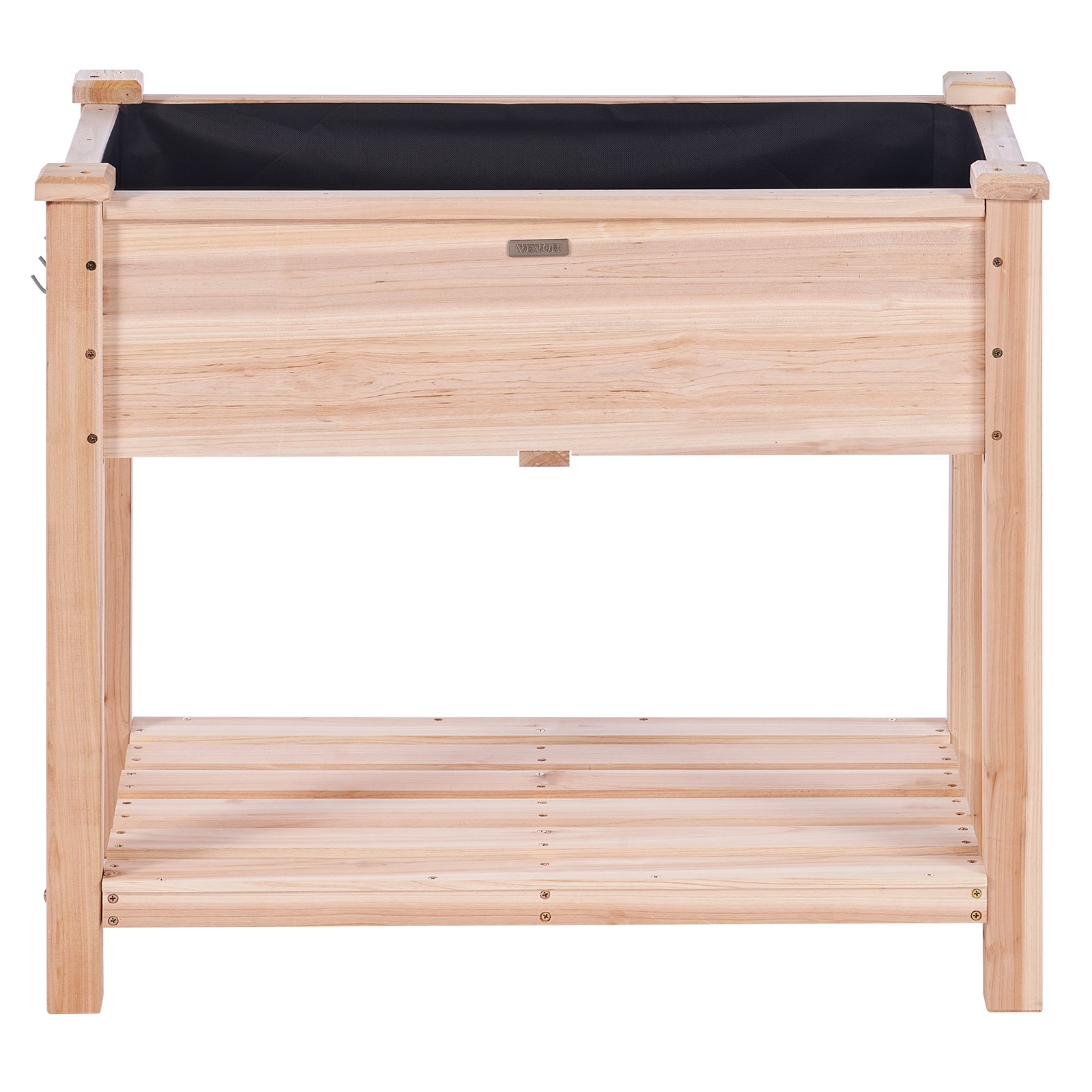 Cama de jardín VEVOR en acabado de madera natural con forro negro y estante inferior de láminas.