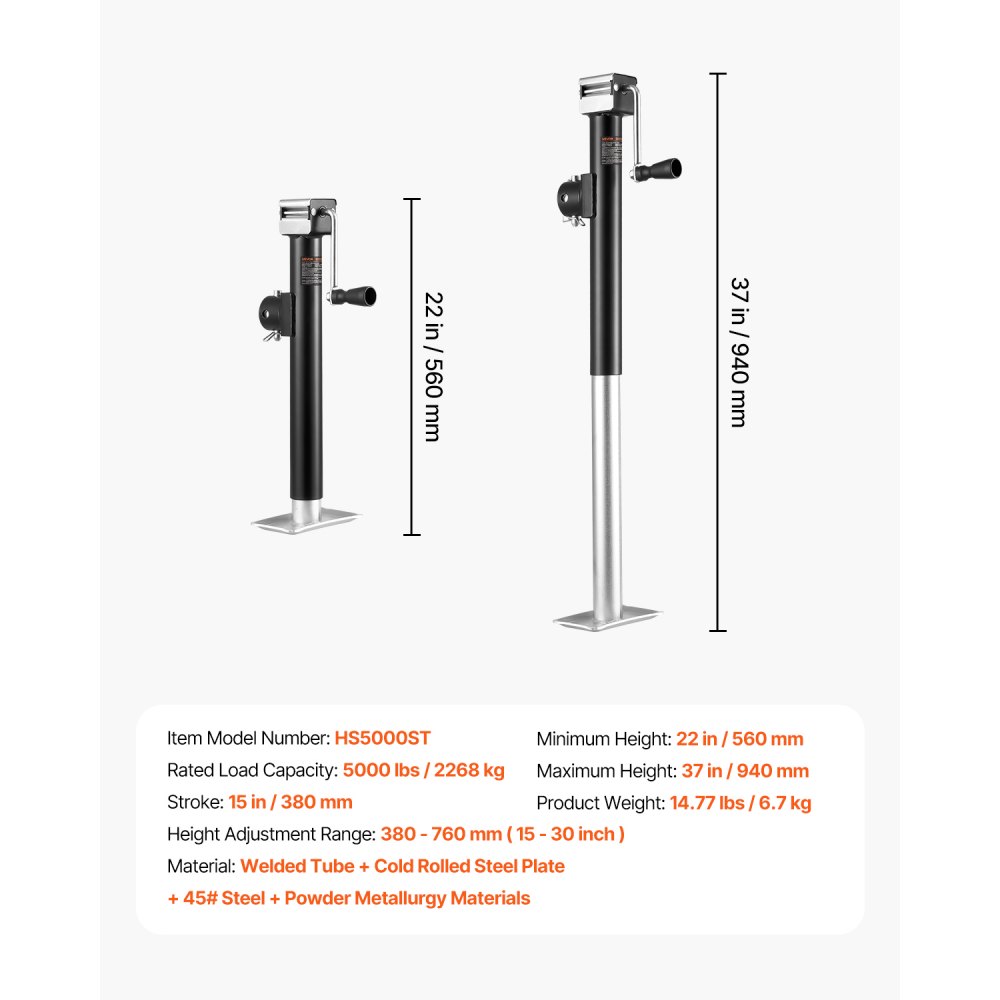 VEVOR Gato Hidráulico para Remolque, Carga Dinámica de 5000 lb, con Montaje en Tubería Soldable y Mango Ergonómico, Recorrido Vertical,  para Remolques de Vehículos Recreativos, Caballos, Utilitarios