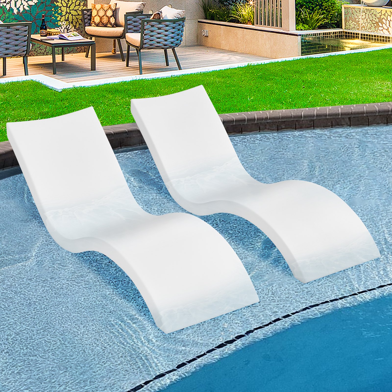 VEVOR Sillones para piscina, juego de 2 tumbonas, sillones interiores para piscina para profundidades de agua de hasta 9 pulgadas, fijos en piscinas y flotantes en el agua, todo tipo de piscinas, bron