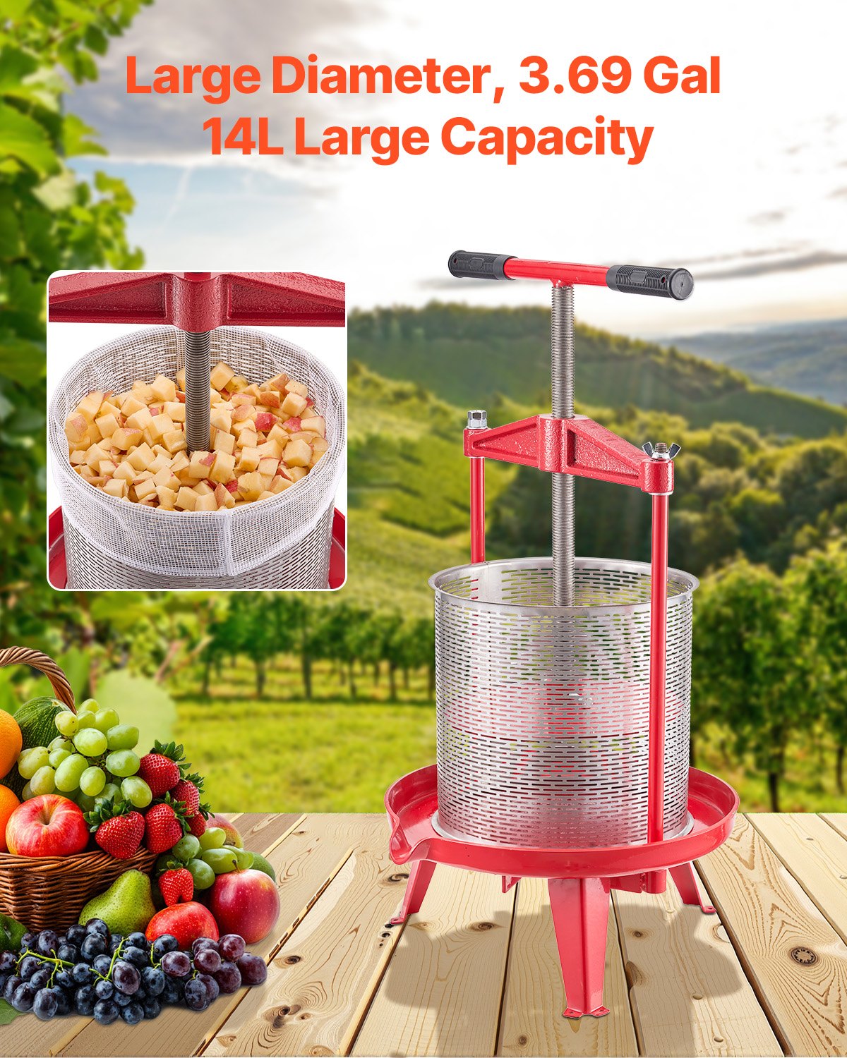 Prensa de vino de frutas VEVOR de 14 L (3,69 galones), cesta de acero inoxidable con estructura triangular y travesaño, exprimidor manual, prensa para tintura de sidra, manzana y uva con mango en T para cocina y hogar.