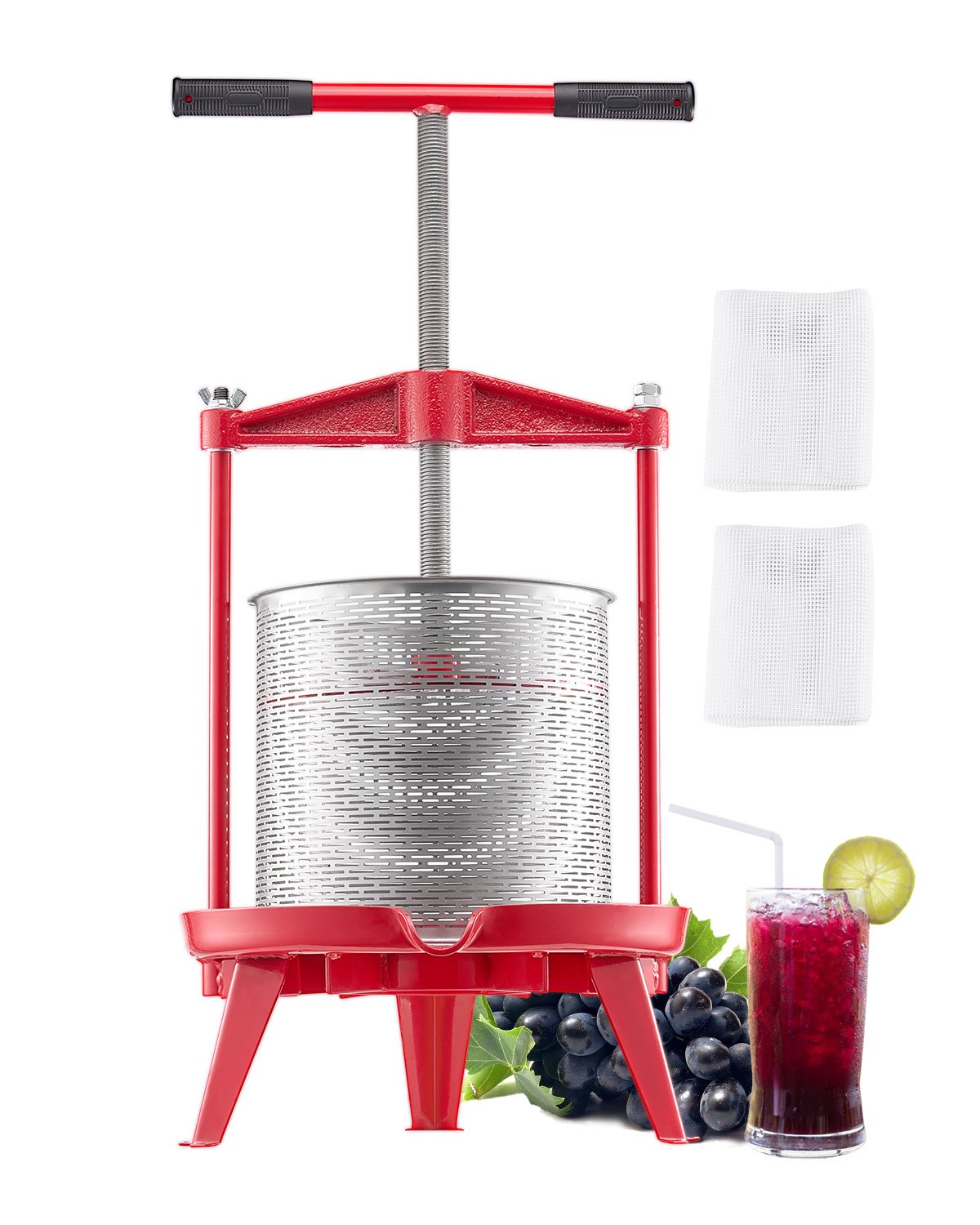 Prensa de vino de frutas VEVOR de 14 L (3,69 galones), cesta de acero inoxidable con estructura triangular y travesaño, exprimidor manual, prensa para tintura de sidra, manzana y uva con mango en T para cocina y hogar.