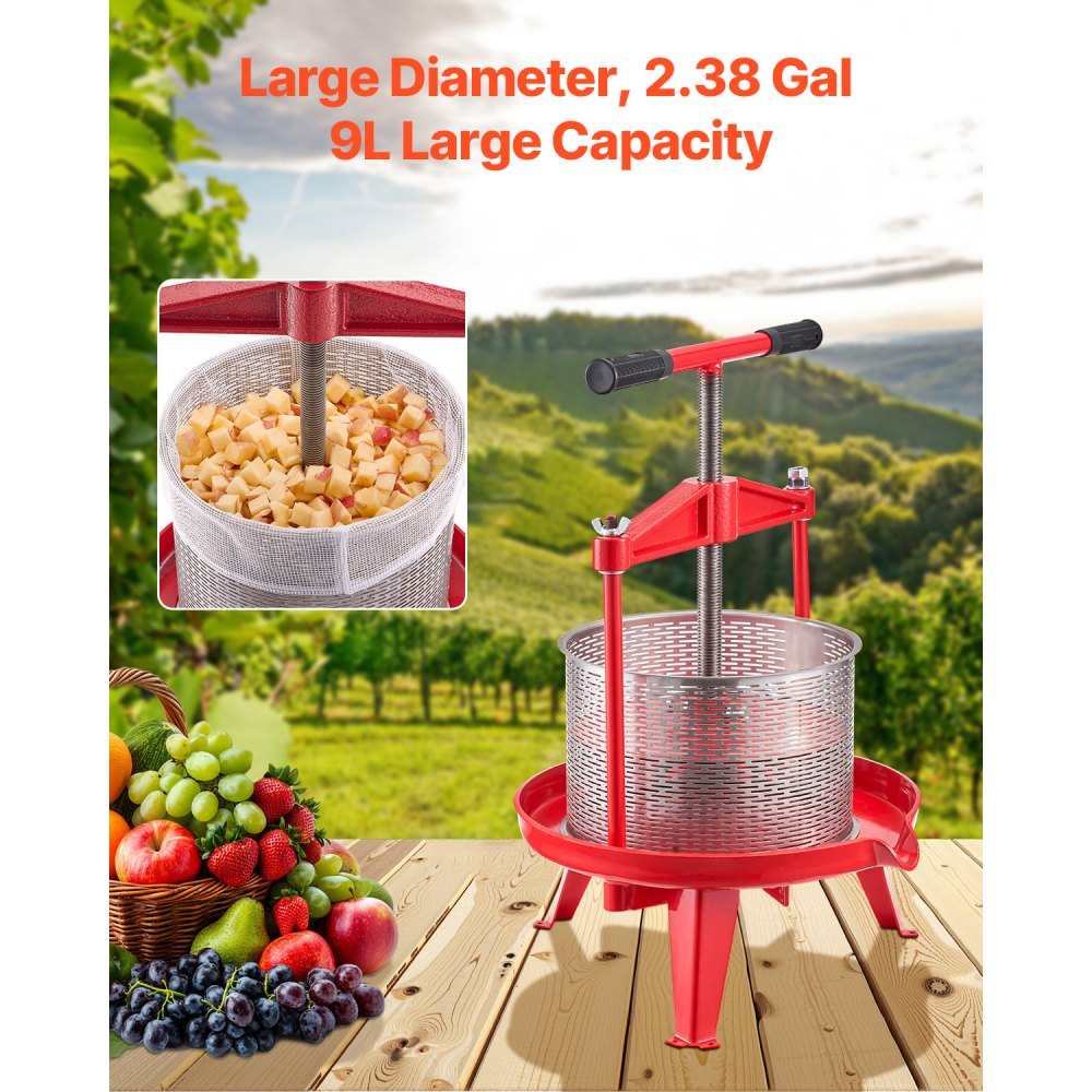 Prensa de vino de frutas VEVOR de 9 L (2,38 galones), cesta de acero inoxidable con estructura triangular y travesaño, exprimidor manual, prensa para tintura de sidra, manzana y uva con mango en T para cocina y hogar.