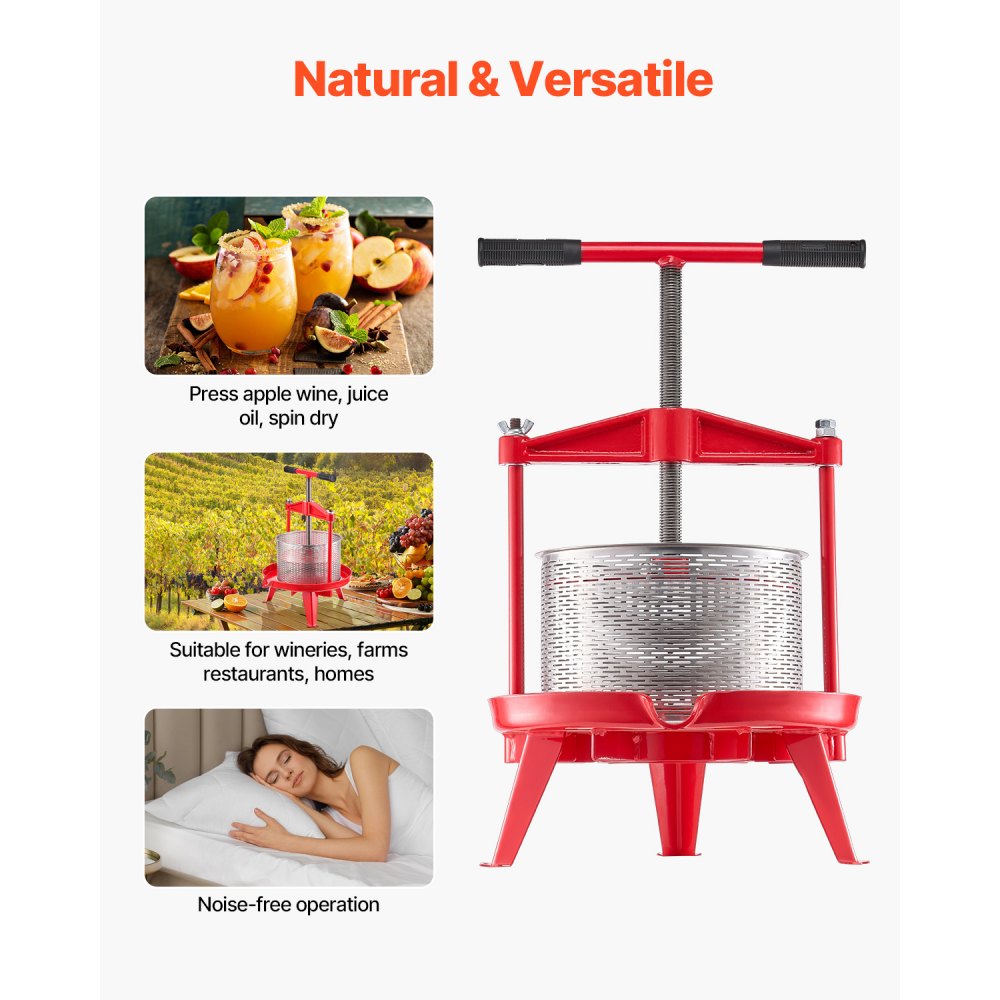 Prensa de vino de frutas VEVOR de 9 L (2,38 galones), cesta de acero inoxidable con estructura triangular y travesaño, exprimidor manual, prensa para tintura de sidra, manzana y uva con mango en T para cocina y hogar.