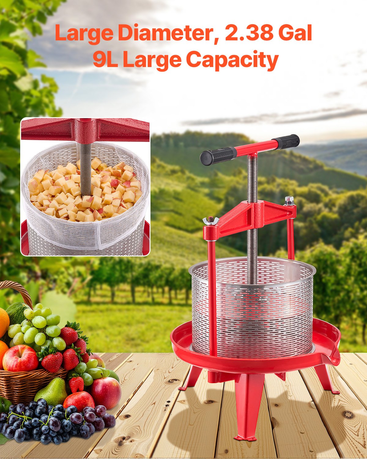 Prensa de vino de frutas VEVOR de 9 L (2,38 galones), cesta de acero inoxidable con estructura triangular y travesaño, exprimidor manual, prensa para tintura de sidra, manzana y uva con mango en T para cocina y hogar.