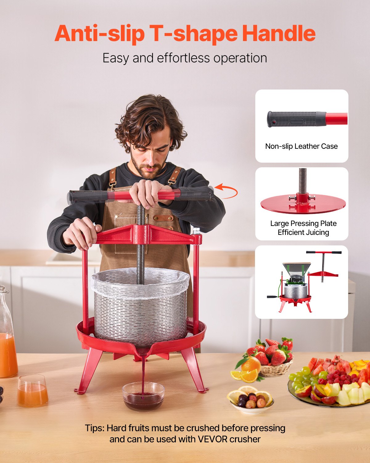 Prensa de vino de frutas VEVOR de 9 L (2,38 galones), cesta de acero inoxidable con estructura triangular y travesaño, exprimidor manual, prensa para tintura de sidra, manzana y uva con mango en T para cocina y hogar.