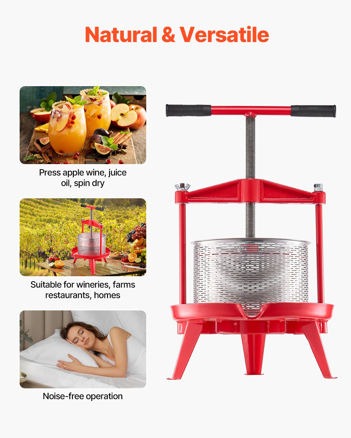 Prensa de vino de frutas VEVOR de 9 L (2,38 galones), cesta de acero inoxidable con estructura triangular y travesaño, exprimidor manual, prensa para tintura de sidra, manzana y uva con mango en T para cocina y hogar.