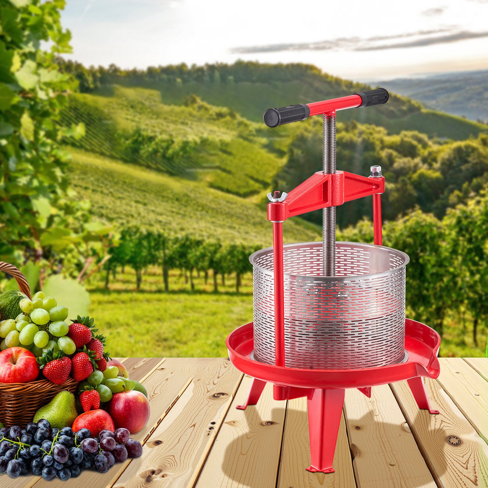 Prensa de vino de frutas VEVOR de 9 L (2,38 galones), cesta de acero inoxidable con estructura triangular y travesaño, exprimidor manual, prensa para tintura de sidra, manzana y uva con mango en T para cocina y hogar.