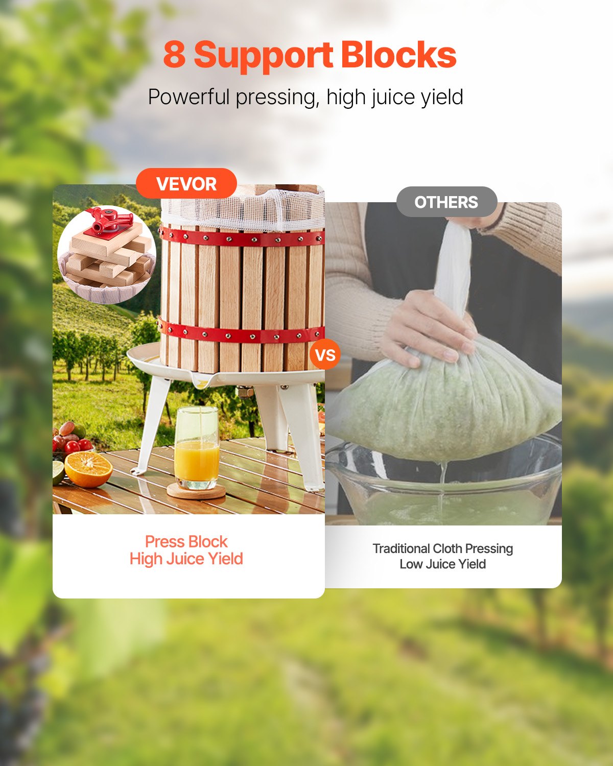 Prensa de vino de frutas VEVOR de 12 L (3,2 galones), cesta de madera maciza con 8 bloques, exprimidor manual resistente, prensa para sidra, tintura de manzana y uva, miel, aceite de oliva, con asa para cocina y hogar.