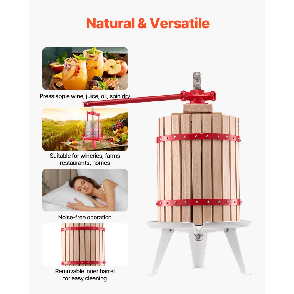 Prensa de vino de frutas VEVOR de 18 l (4,75 galones), cesta de madera maciza con 8 bloques, exprimidor manual resistente, prensa para sidra, tintura de manzana y uva, miel, aceite de oliva, con asa para cocina y hogar.