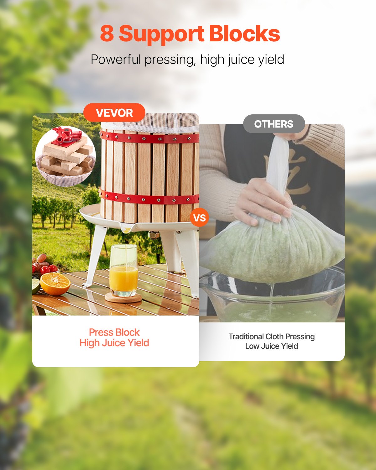 Prensa de vino de frutas VEVOR de 18 l (4,75 galones), cesta de madera maciza con 8 bloques, exprimidor manual resistente, prensa para sidra, tintura de manzana y uva, miel, aceite de oliva, con asa para cocina y hogar.