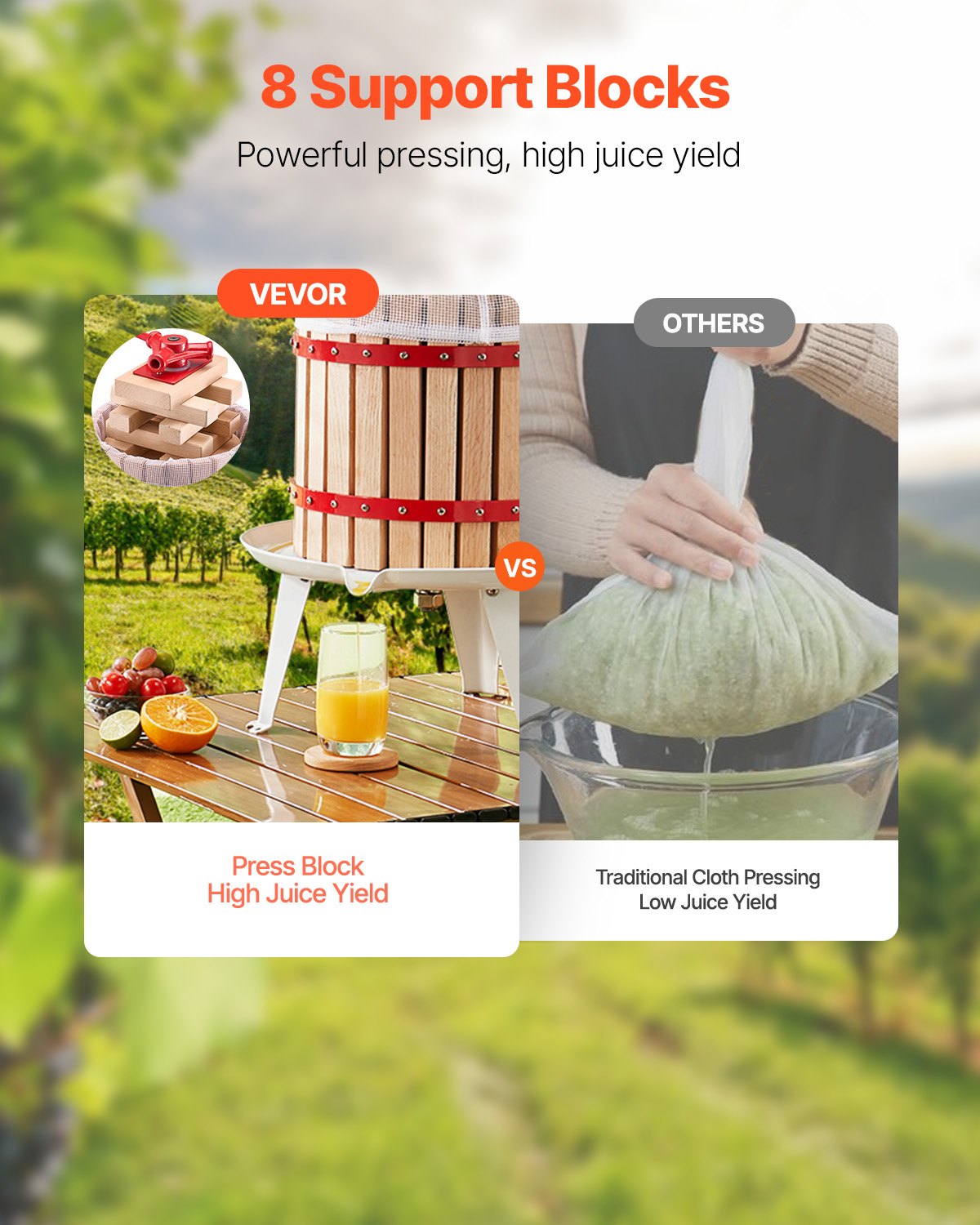 Prensa de vino de frutas VEVOR de 6 l (1,6 galones), cesta de madera maciza con 8 bloques, exprimidor manual resistente, prensa para sidra, tintura de manzana y uva, miel, aceite de oliva, con asa para cocina y hogar.