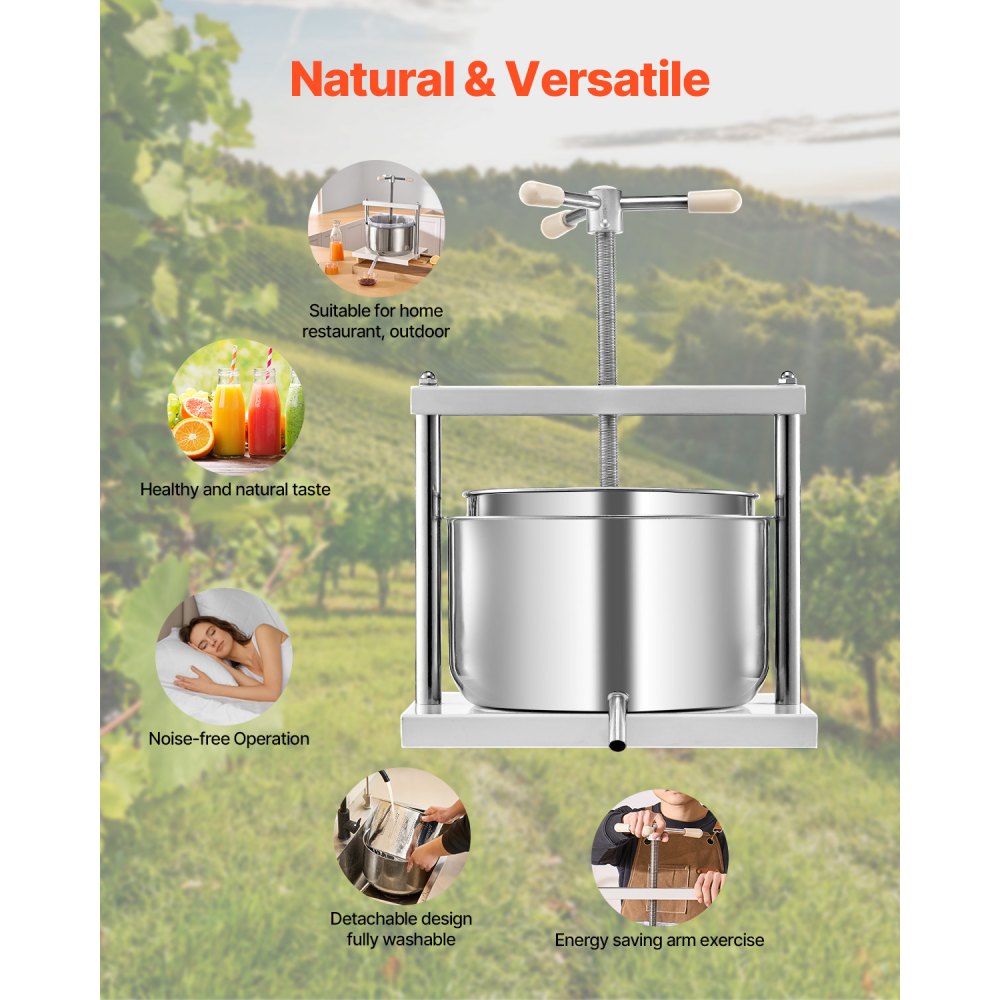 Prensa de vino de frutas VEVOR de 12 L (3,17 galones), 2 barriles de acero inoxidable, exprimidor manual, para sidra, manzana, uva, tintura, miel, aceite de oliva, con mango triangular para cocina al aire libre y hogar.