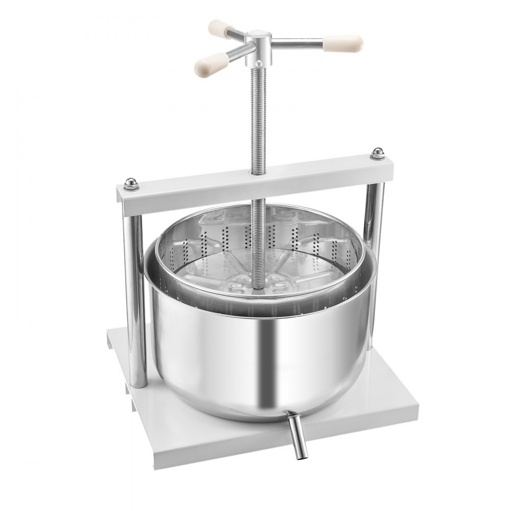 Prensa de vino de frutas VEVOR de 12 L (3,17 galones), 2 barriles de acero inoxidable, exprimidor manual, para sidra, manzana, uva, tintura, miel, aceite de oliva, con mango triangular para cocina al aire libre y hogar.