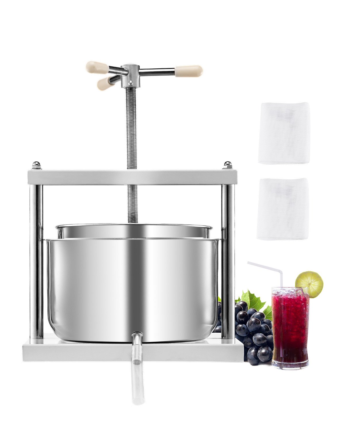 Prensa de vino de frutas VEVOR de 12 L (3,17 galones), 2 barriles de acero inoxidable, exprimidor manual, para sidra, manzana, uva, tintura, miel, aceite de oliva, con mango triangular para cocina al aire libre y hogar.