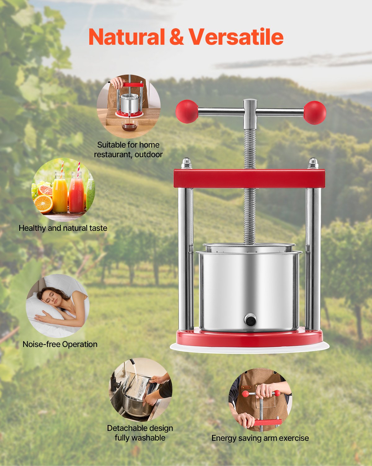 Prensa de vino de frutas VEVOR de 1,65 l (0,44 galones), 2 barriles de acero inoxidable, exprimidor manual, para sidra, manzana, uva, tintura, miel, aceite de oliva, con mango en T para cocina al aire libre y hogar.