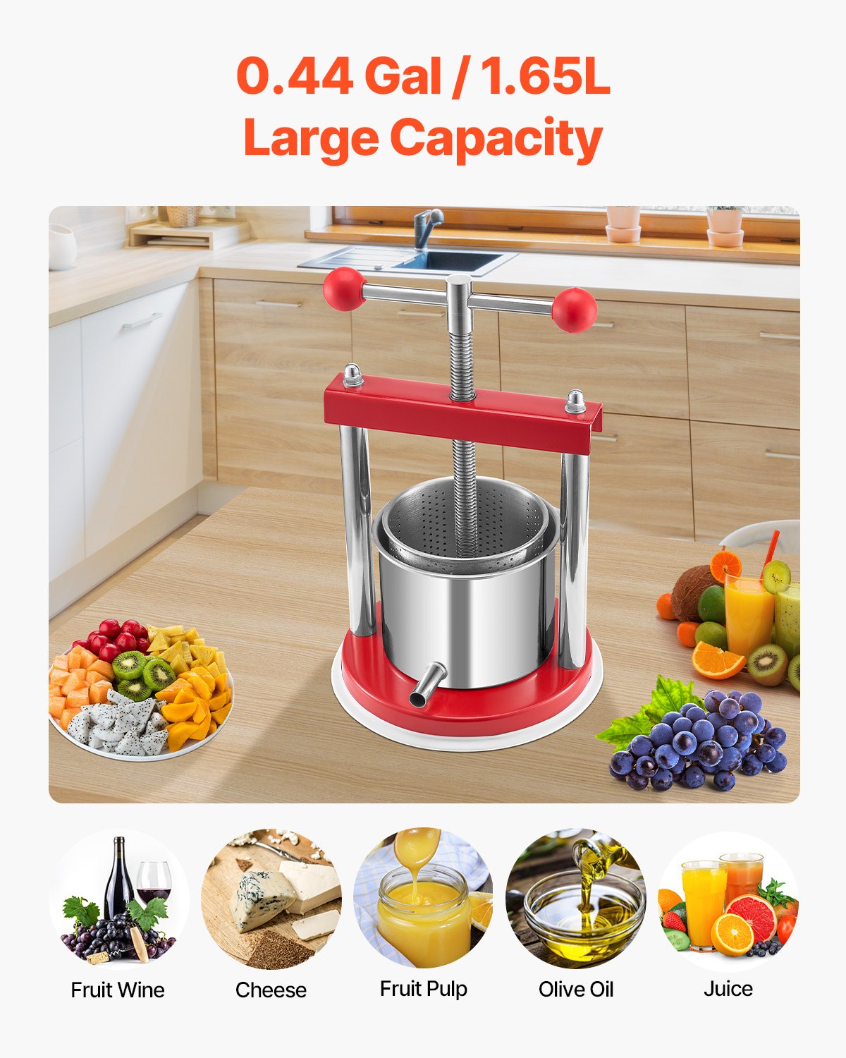Prensa de vino de frutas VEVOR de 1,65 l (0,44 galones), 2 barriles de acero inoxidable, exprimidor manual, para sidra, manzana, uva, tintura, miel, aceite de oliva, con mango en T para cocina al aire libre y hogar.