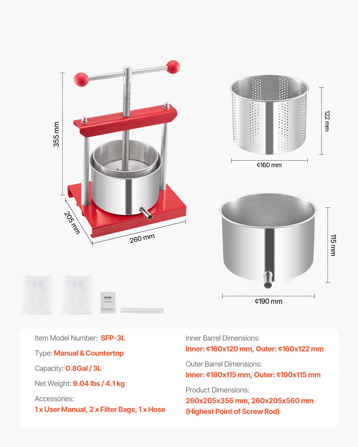 Prensa manual para vino de frutas Prensa para hacer vino 0,8 gal/3 l Acero inoxidable