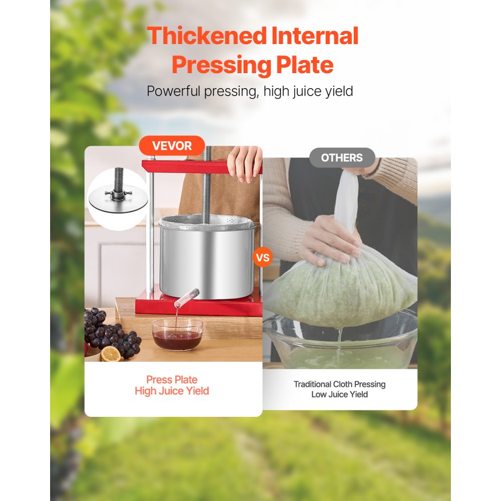Prensa de vino de frutas VEVOR de 6 l (1,6 galones), 2 barriles de acero inoxidable, exprimidor manual, prensa para sidra, tintura de manzana y uva, miel, aceite de oliva, con mango en T para cocina al aire libre y hogar.