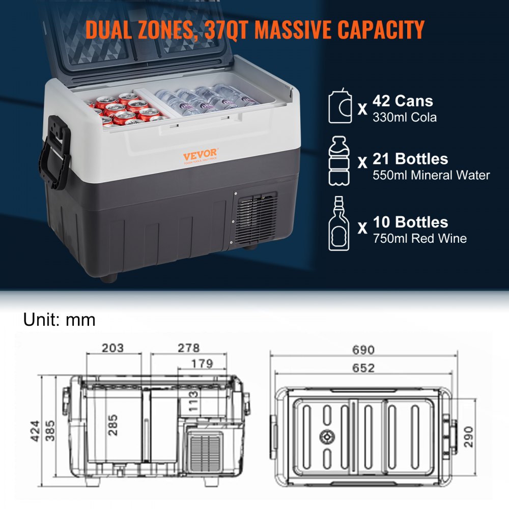 VEVOR Refrigerador para automóvil, refrigerador para automóvil de 12 voltios, congelador portátil de doble zona de 37 QT/35 L, rango ajustable de -4 ℉ -50 ℉, refrigerador de compresor de 12/24 V CC y