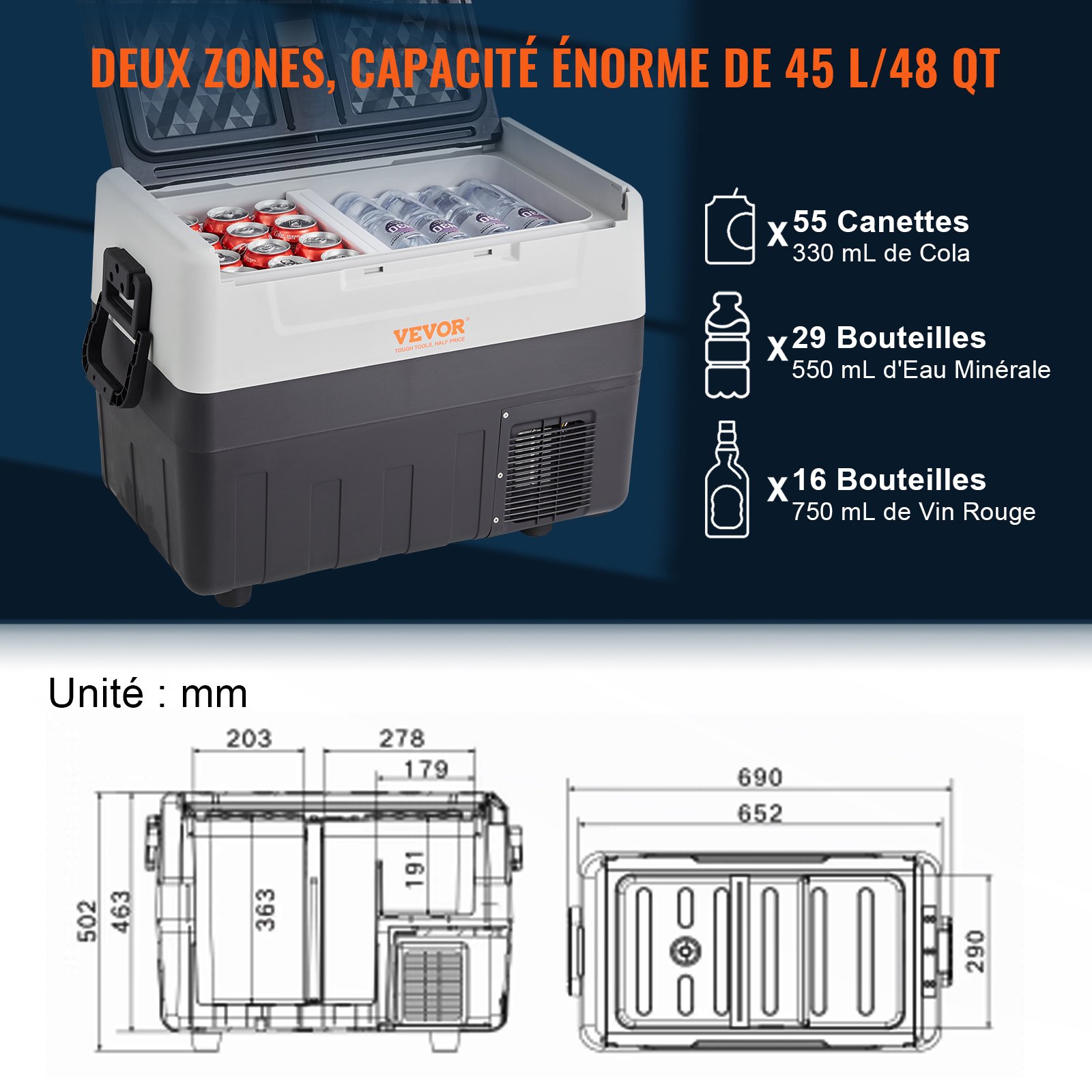 Refrigerador para coche VEVOR de 12 voltios, congelador portátil de doble zona de 48 cuartos/45 litros, rango ajustable de -20 °C a 10 °C, compresor de 12/24 V CC y 100-240 V CA para exteriores, camping, viajes y autocaravanas.