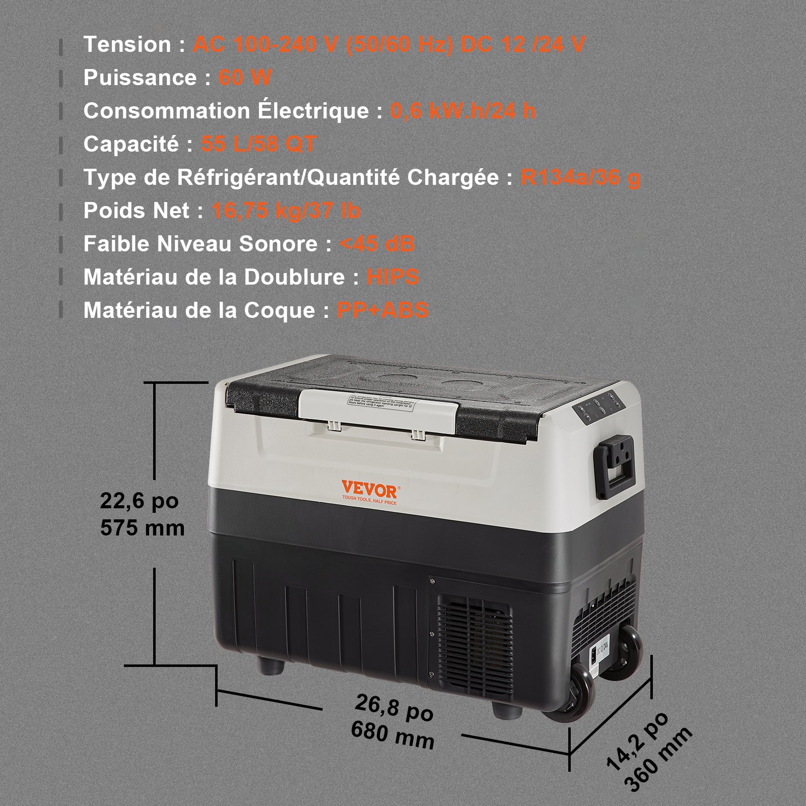 VEVOR Refrigerador para automóvil, refrigerador para automóvil de 12 voltios, congelador portátil de doble zona de 58 QT/55 L, rango ajustable de -4 ℉ -50 ℉, refrigerador de compresor de 12/24 V CC y