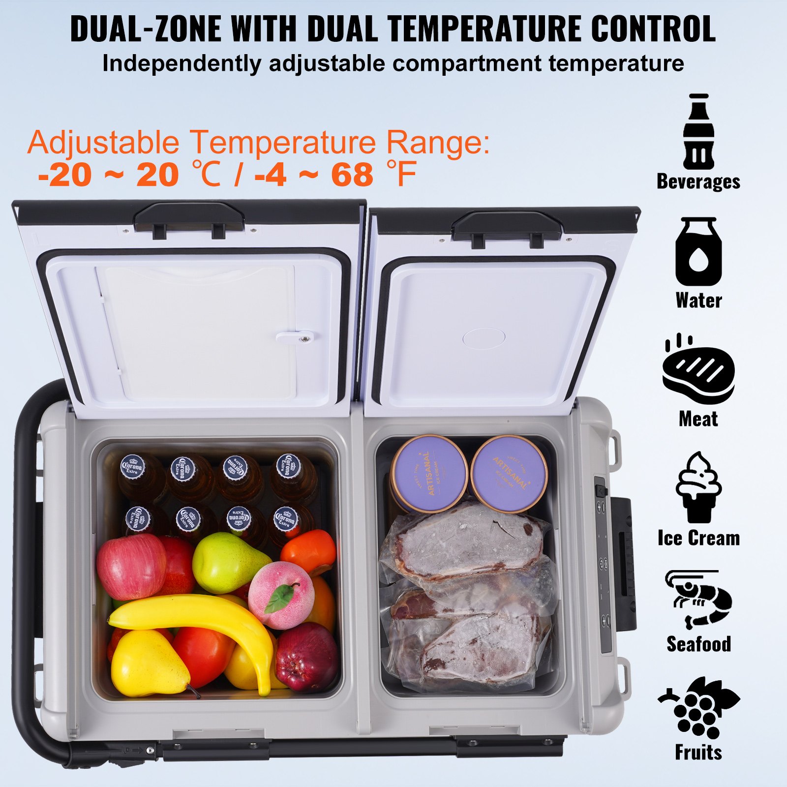 Refrigerador portátil para coche VEVOR de 12 voltios, congelador portátil de doble zona de 40 L/42,3 qt, temperatura ajustable de -20 °C a 20 °C, enfriador de compresor para el hogar, exteriores, camping, autocaravanas y coche.