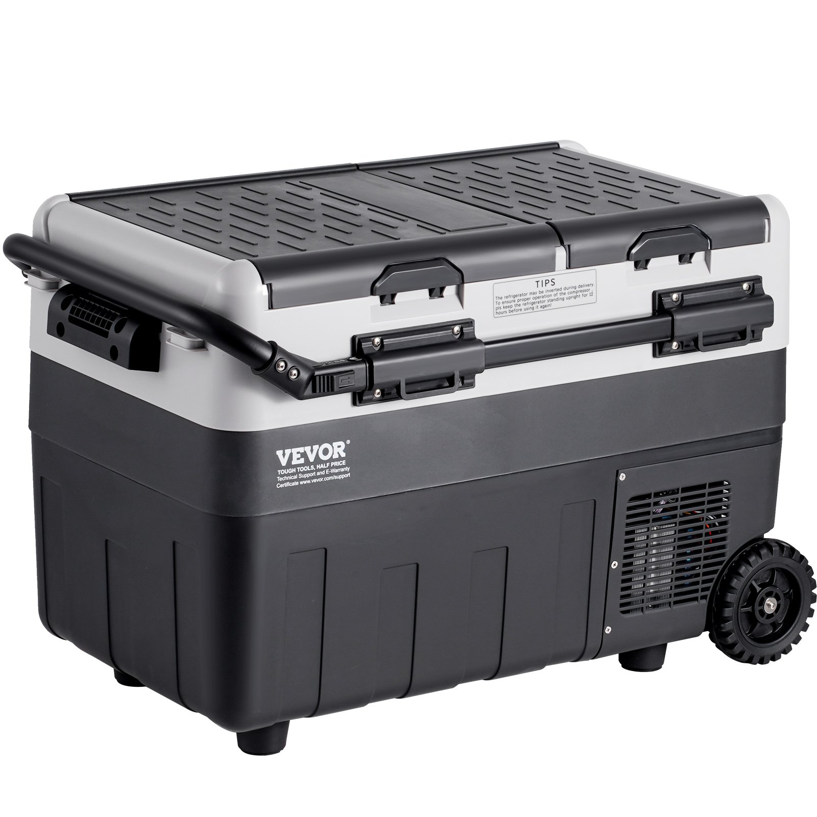 Refrigerador portátil para coche VEVOR de 12 voltios, congelador portátil de doble zona de 40 L/42,3 qt, temperatura ajustable de -20 °C a 20 °C, enfriador de compresor para el hogar, exteriores, camping, autocaravanas y coche.