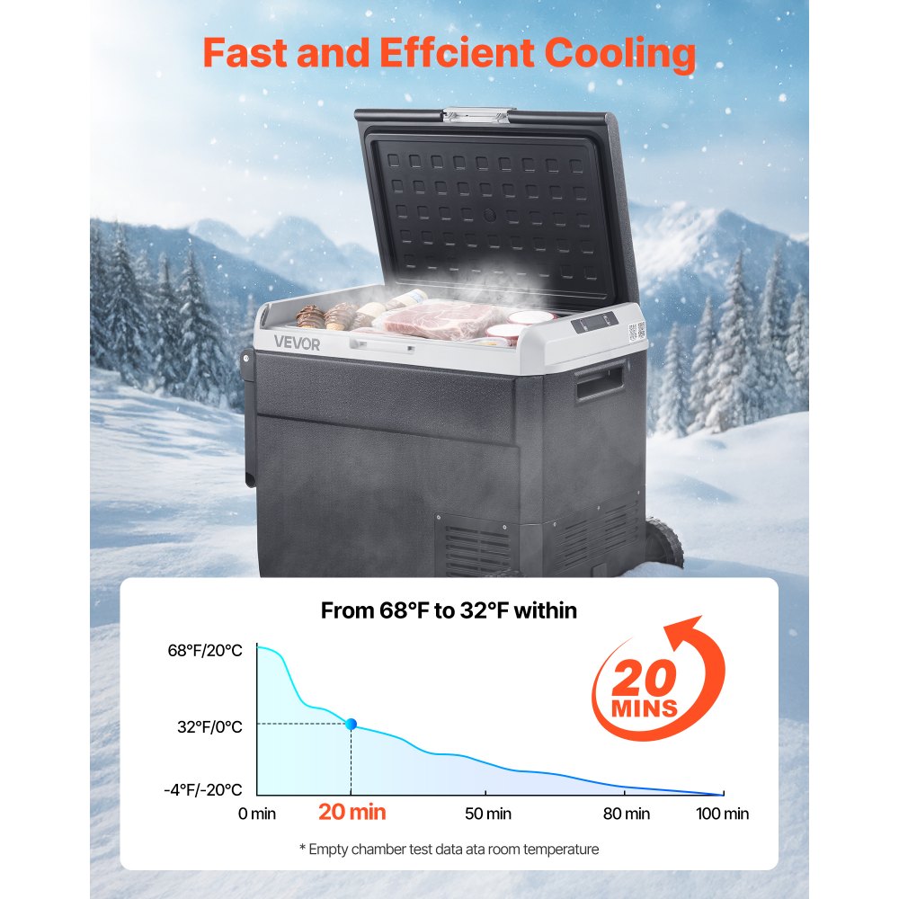 Refrigerador para coche VEVOR de 12 voltios, 63,4 cuartos de galón/60 litros, portátil, con ruedas y asa, de -20 °C a 20 °C, 12/24 V CC y 100-240 V CA, con compresor, ideal para exteriores, camping, viajes y autocaravanas.