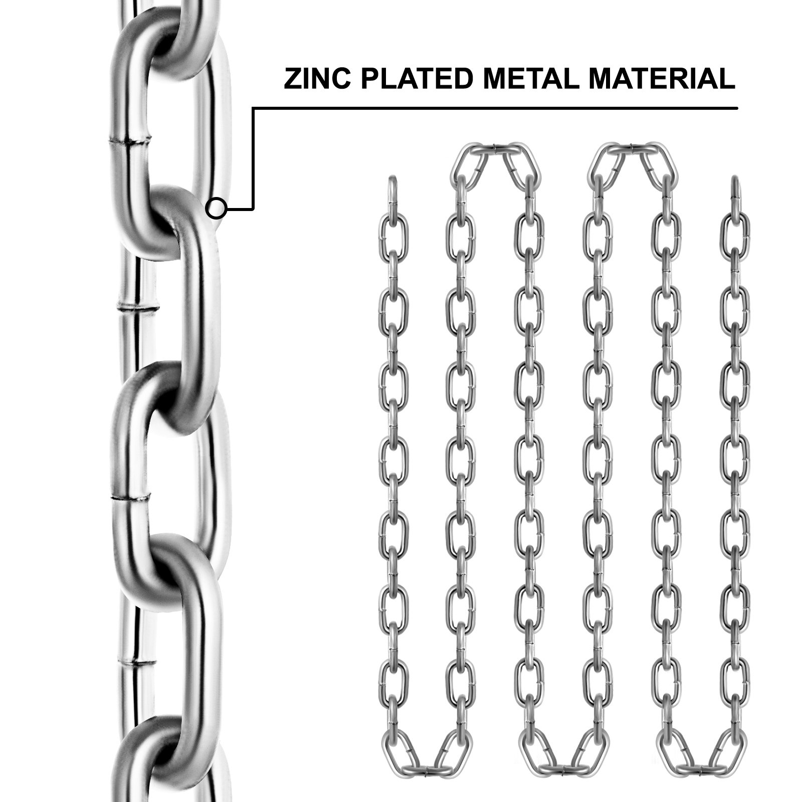 Cadena VEVOR de grado 30 fabricada en material metálico galvanizado, que se muestra en varias longitudes.