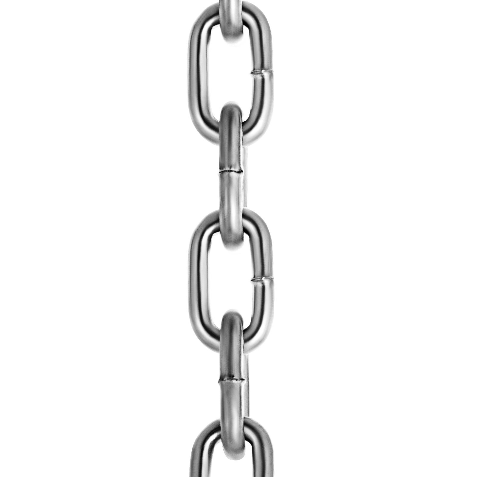 Eslabones de cadena de plata VEVOR grado 30 de primer plano sobre un fondo blanco.