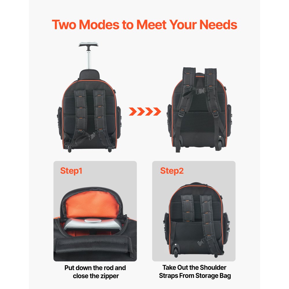 Mochila con ruedas VEVOR, capacidad de carga de 50 kg, 45 bolsillos, resistente, con asa telescópica ajustable y base estable, organizador de herramientas para construcción y mecánicos.