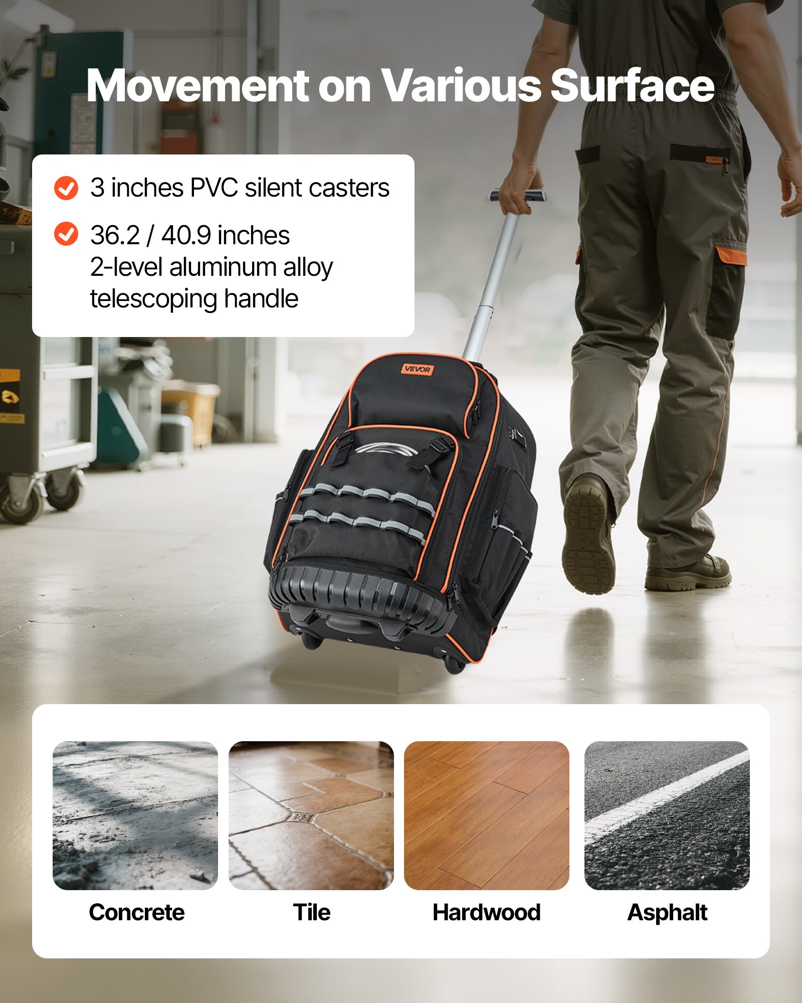 VEVOR Mochila con Ruedas de 450 x 275 x 560 mm Capacidad de Carga de 50 kg Mochila de Herramientas Resistente con 72 Bolsillos, Asa Telescópica Ajustable y Base Estable para Construcción y Mecánico