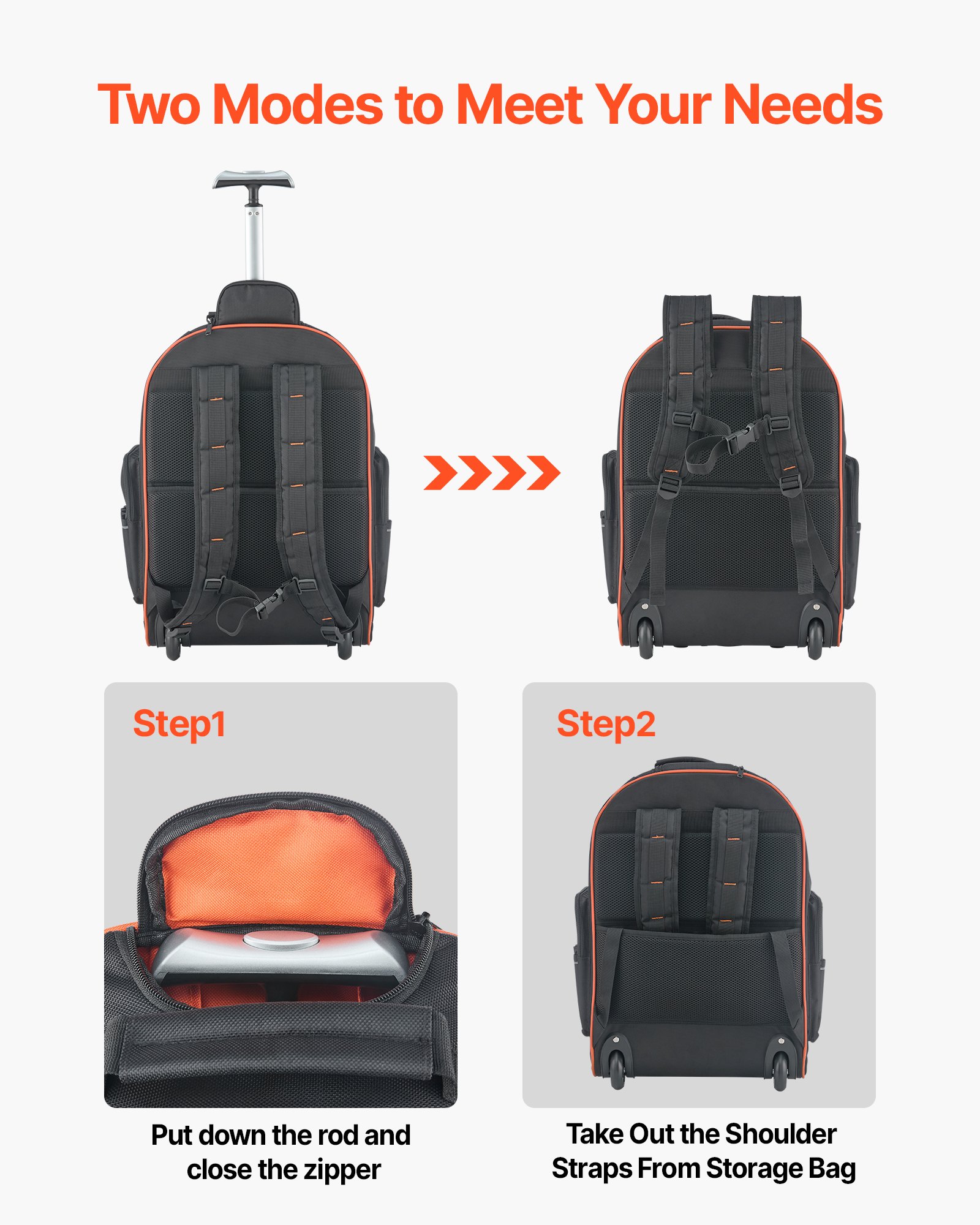 VEVOR Mochila con Ruedas de 450 x 275 x 560 mm Capacidad de Carga de 50 kg Mochila de Herramientas Resistente con 72 Bolsillos, Asa Telescópica Ajustable y Base Estable para Construcción y Mecánico