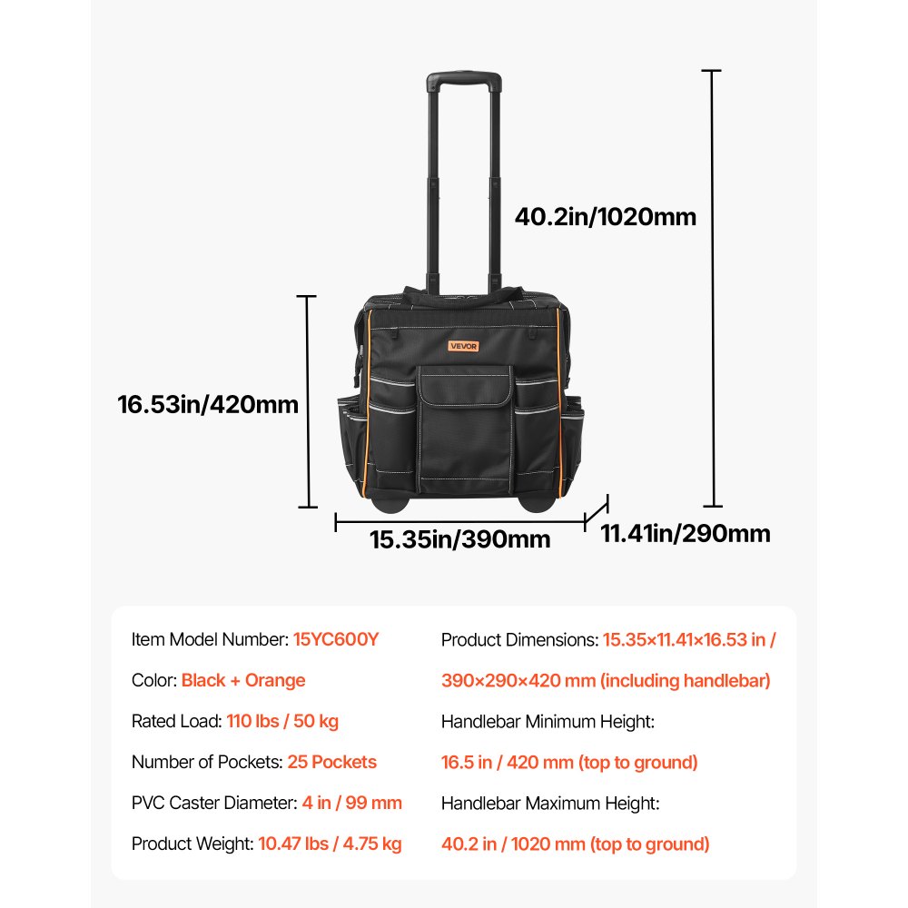 Bolsa de herramientas con ruedas VEVOR, capacidad de carga de 50 kg, 25 bolsillos, resistente, asa telescópica ajustable y base estable, organizador de bolsas de herramientas con ruedas para construcción y mecánicos.