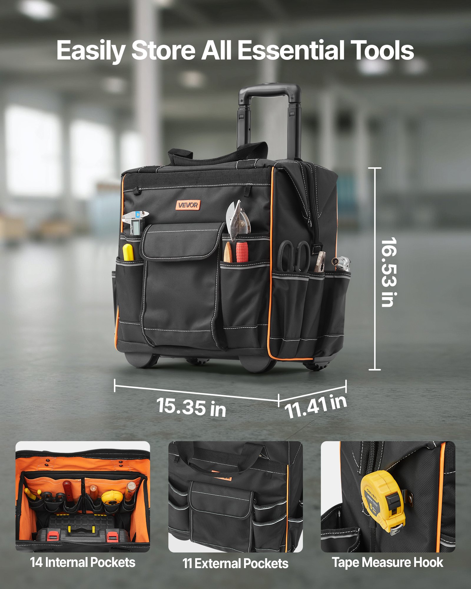 Bolsa de herramientas con ruedas VEVOR, capacidad de carga de 50 kg, 25 bolsillos, resistente, asa telescópica ajustable y base estable, organizador de bolsas de herramientas con ruedas para construcción y mecánicos.