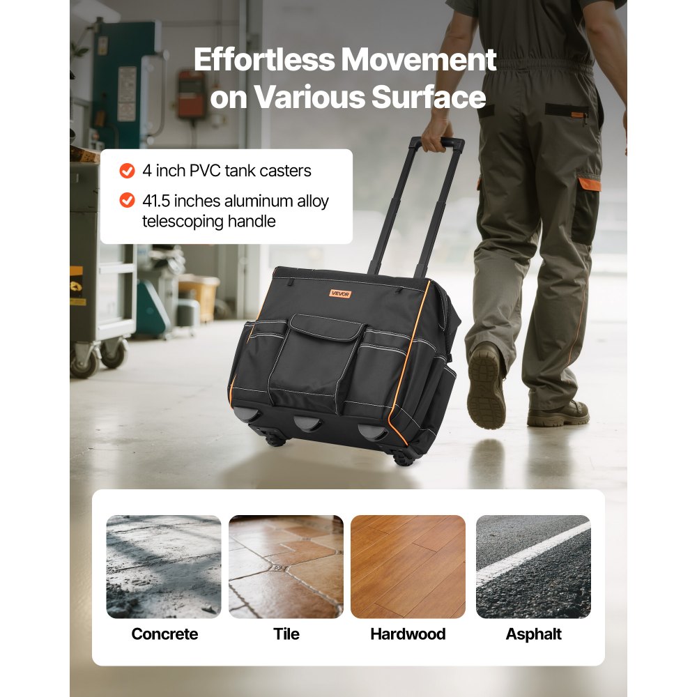 Bolsa de herramientas con ruedas VEVOR, capacidad de carga de 50 kg, 25 bolsillos, resistente, con asa telescópica ajustable y base estable, organizador con ruedas para electricistas y constructores.