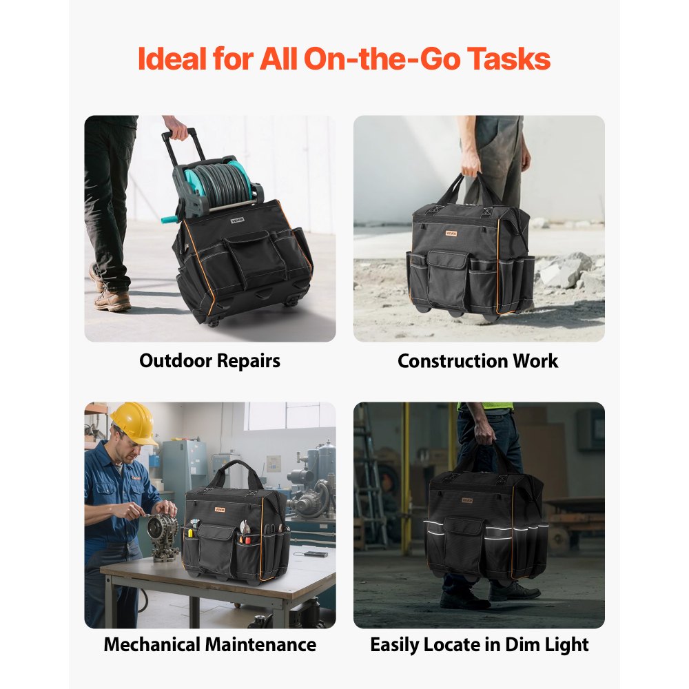 Bolsa de herramientas con ruedas VEVOR, capacidad de carga de 50 kg, 25 bolsillos, resistente, con asa telescópica ajustable y base estable, organizador con ruedas para electricistas y constructores.