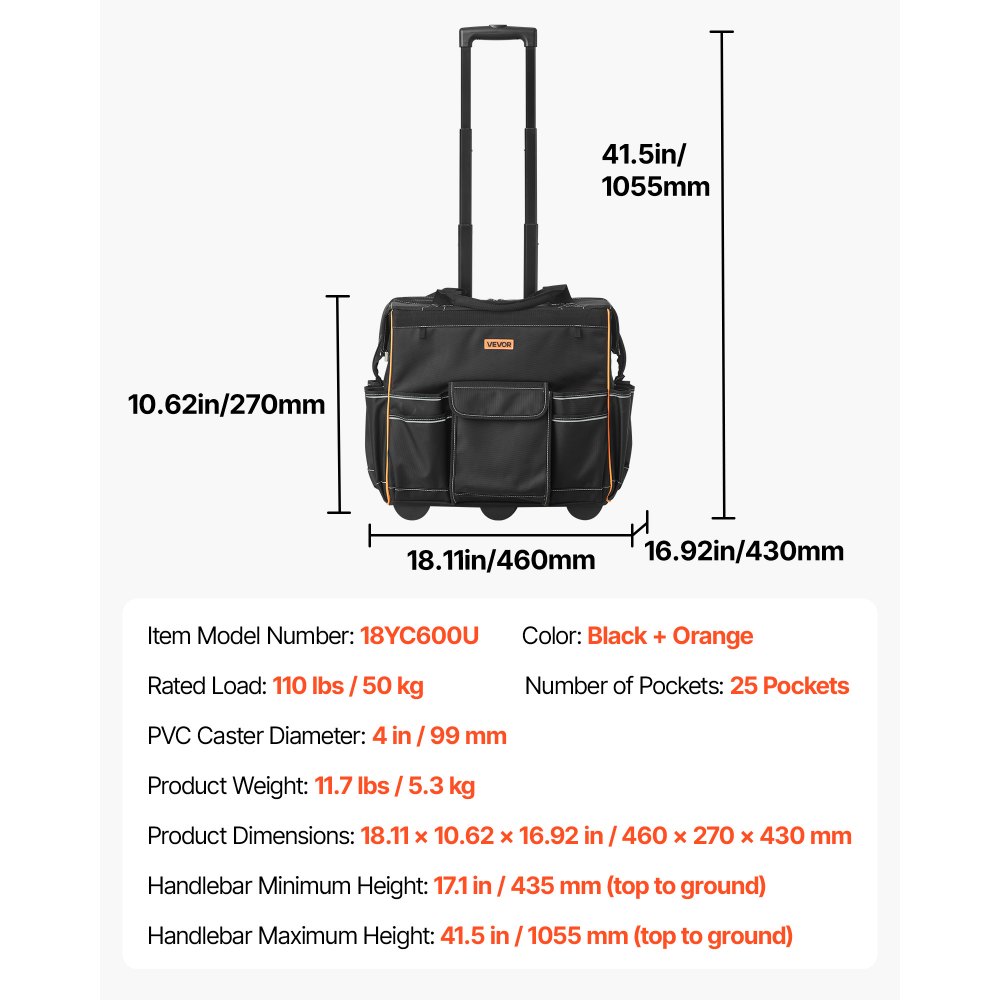Bolsa de herramientas con ruedas VEVOR, capacidad de carga de 50 kg, 25 bolsillos, resistente, con asa telescópica ajustable y base estable, organizador con ruedas para electricistas y constructores.