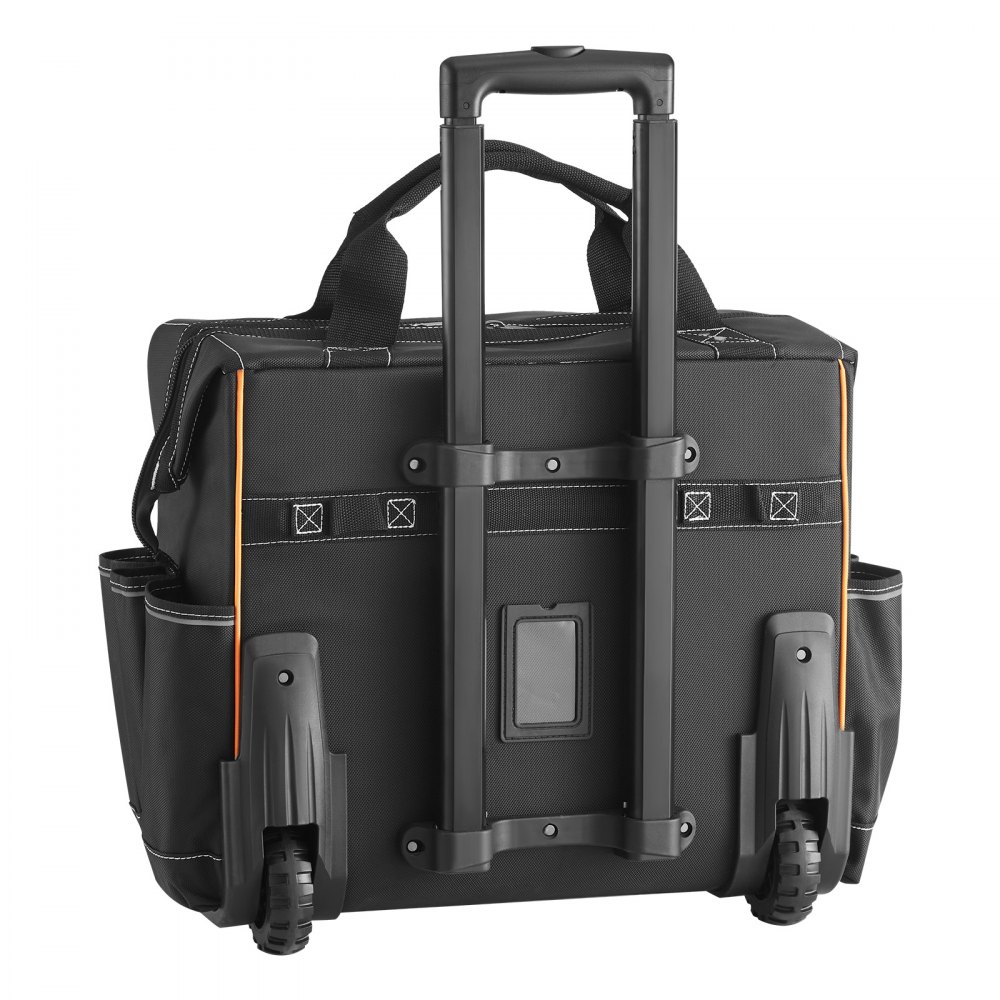 Bolsa de herramientas con ruedas VEVOR, capacidad de carga de 50 kg, 25 bolsillos, resistente, con asa telescópica ajustable y base estable, organizador con ruedas para electricistas y constructores.
