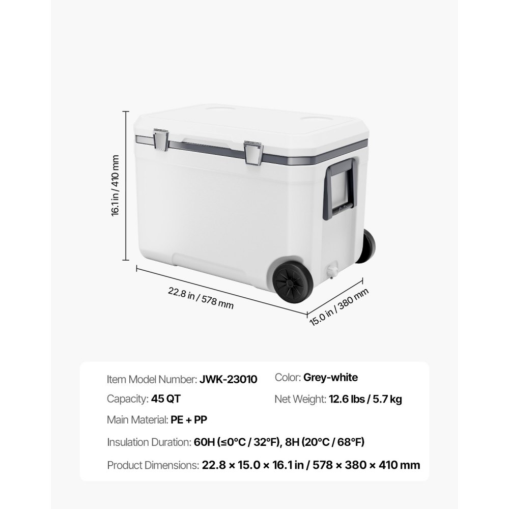 Nevera portátil VEVOR de 45 cuartos con ruedas, retención de hielo, asas resistentes y portavasos, ligera y rígida, ideal para picnics familiares y viajes largos.