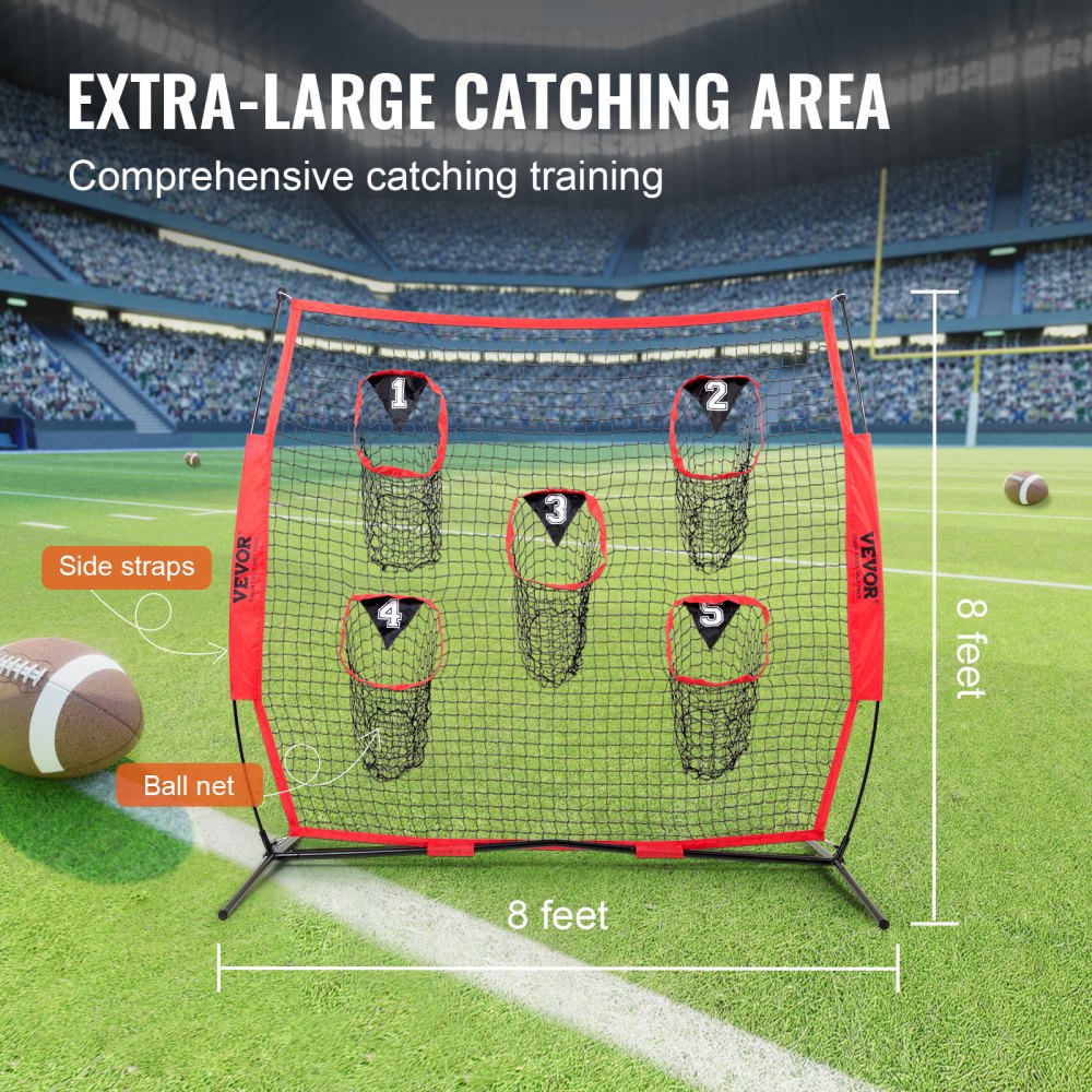 VEVOR Red de Lanzamiento de Entrenador de Fútbol de 8 x 8 Pies, Red de Práctica de Tiro de Entrenamiento con 5 Bolsillos para Objetivos, Red Sin Nudos Incluye Marco de Arco y Estuche de Transporte Portátil, Mejora la Precisión de Lanzamiento QB, Rojo