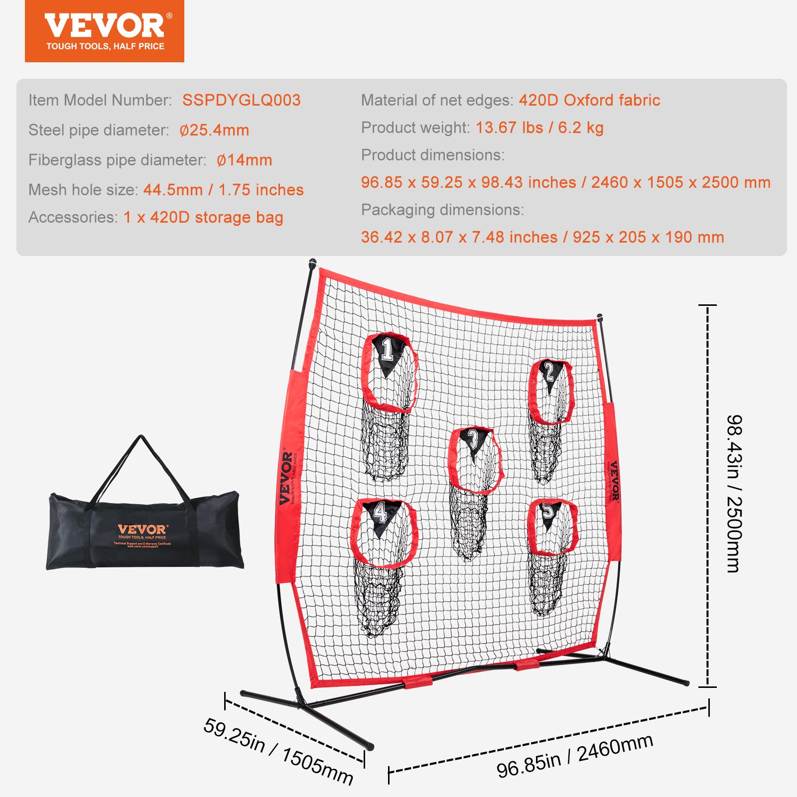 VEVOR Red de Lanzamiento de Entrenador de Fútbol de 8 x 8 Pies, Red de Práctica de Tiro de Entrenamiento con 5 Bolsillos para Objetivos, Red Sin Nudos Incluye Marco de Arco y Estuche de Transporte Portátil, Mejora la Precisión de Lanzamiento QB, Rojo